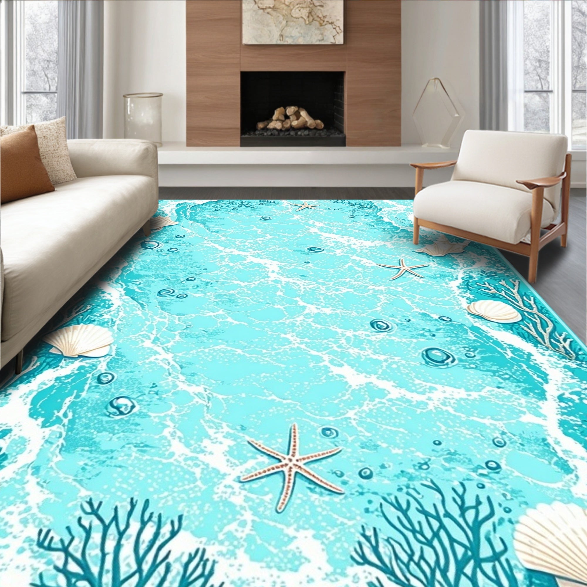 Blue Ocean Wave Shell Starfish Design Rug