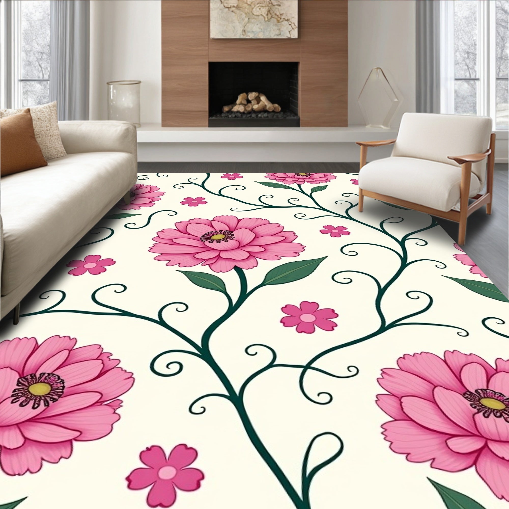 Pink Peony Blossom Vine Swirls Rug