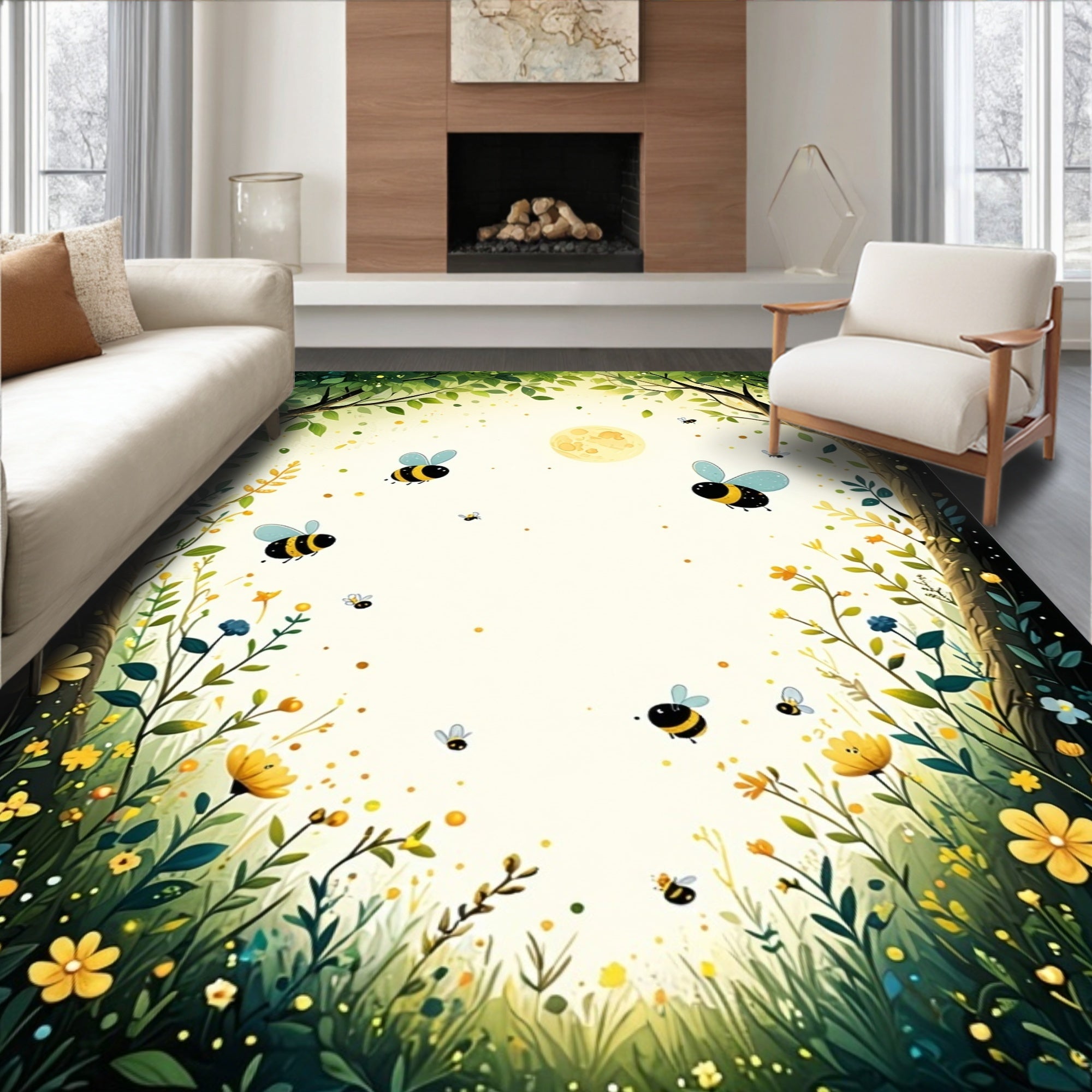 Whimsical Bee Garden Landscape Pattern Rug