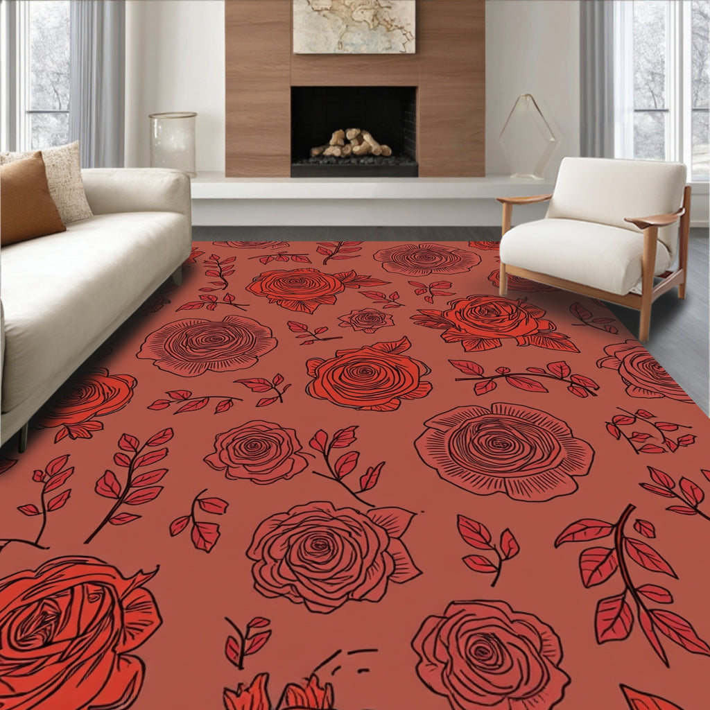 Red Rose Outline Floral Pattern Rug