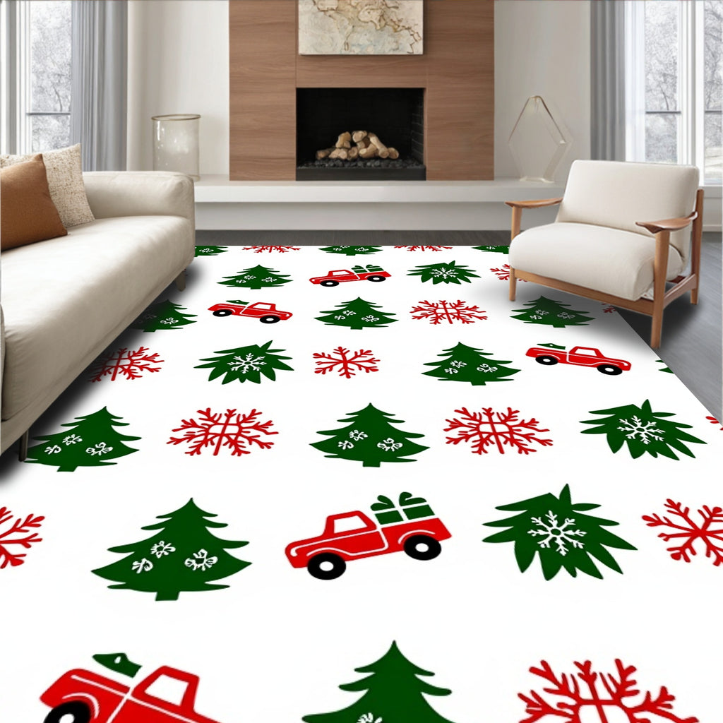 Red Truck Snowflakes Christmas Trees Rug