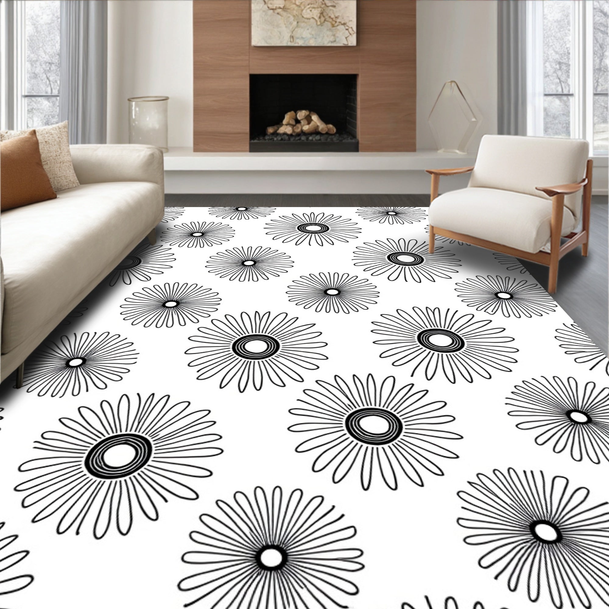 Radial Bloom Black And White Pattern Rug