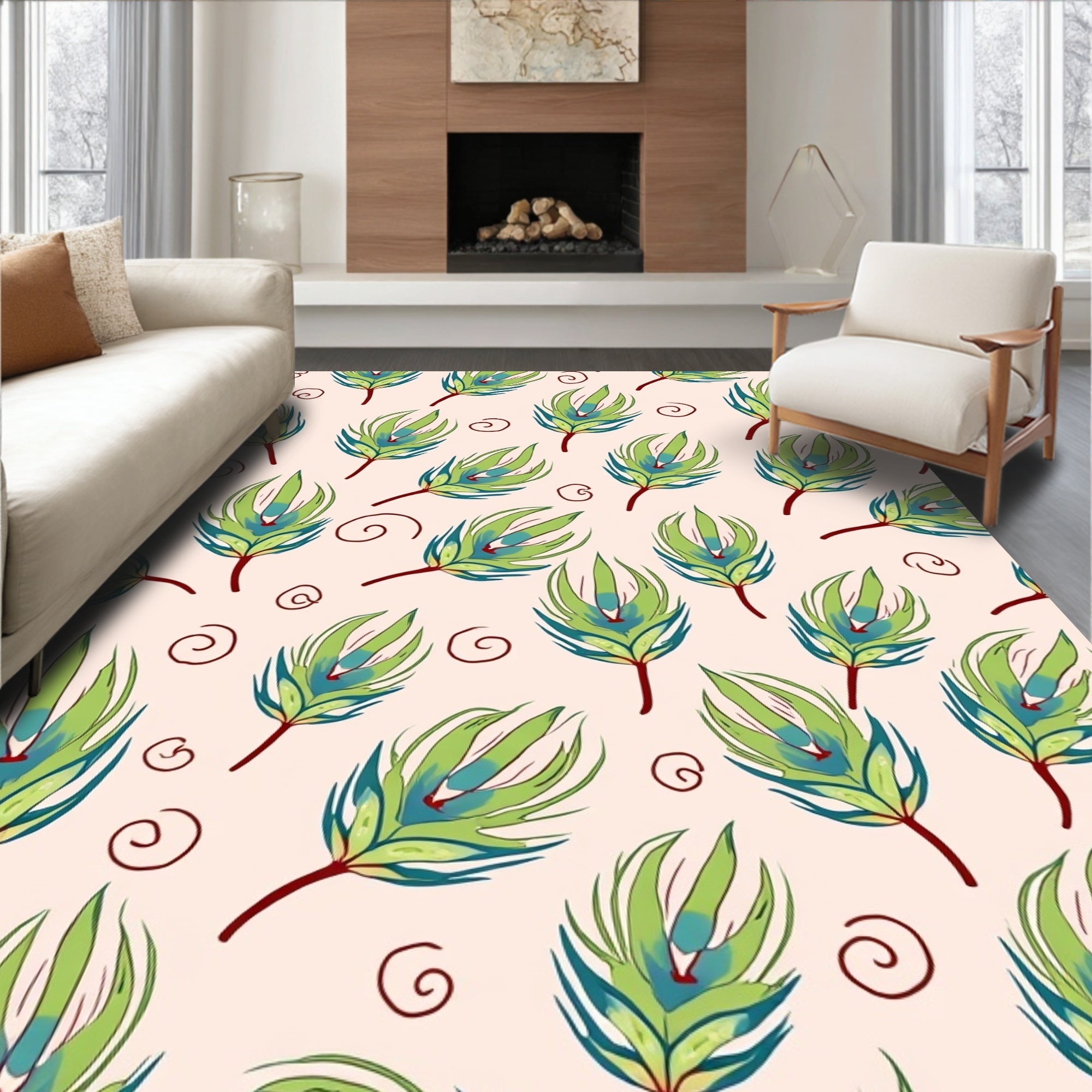 Green Feather Swirl Pattern Rug