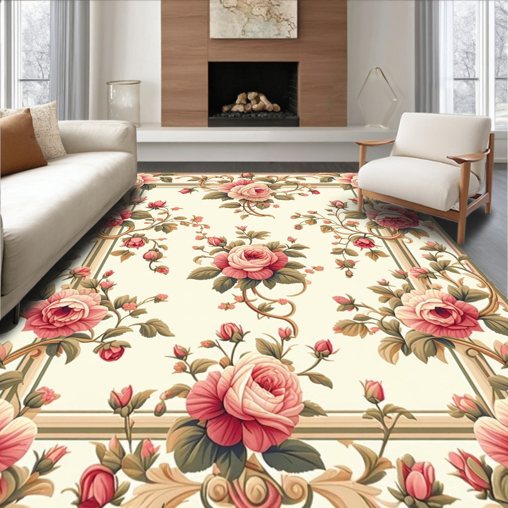 Vintage Rose Blossom With Scrollwork Design Rug
