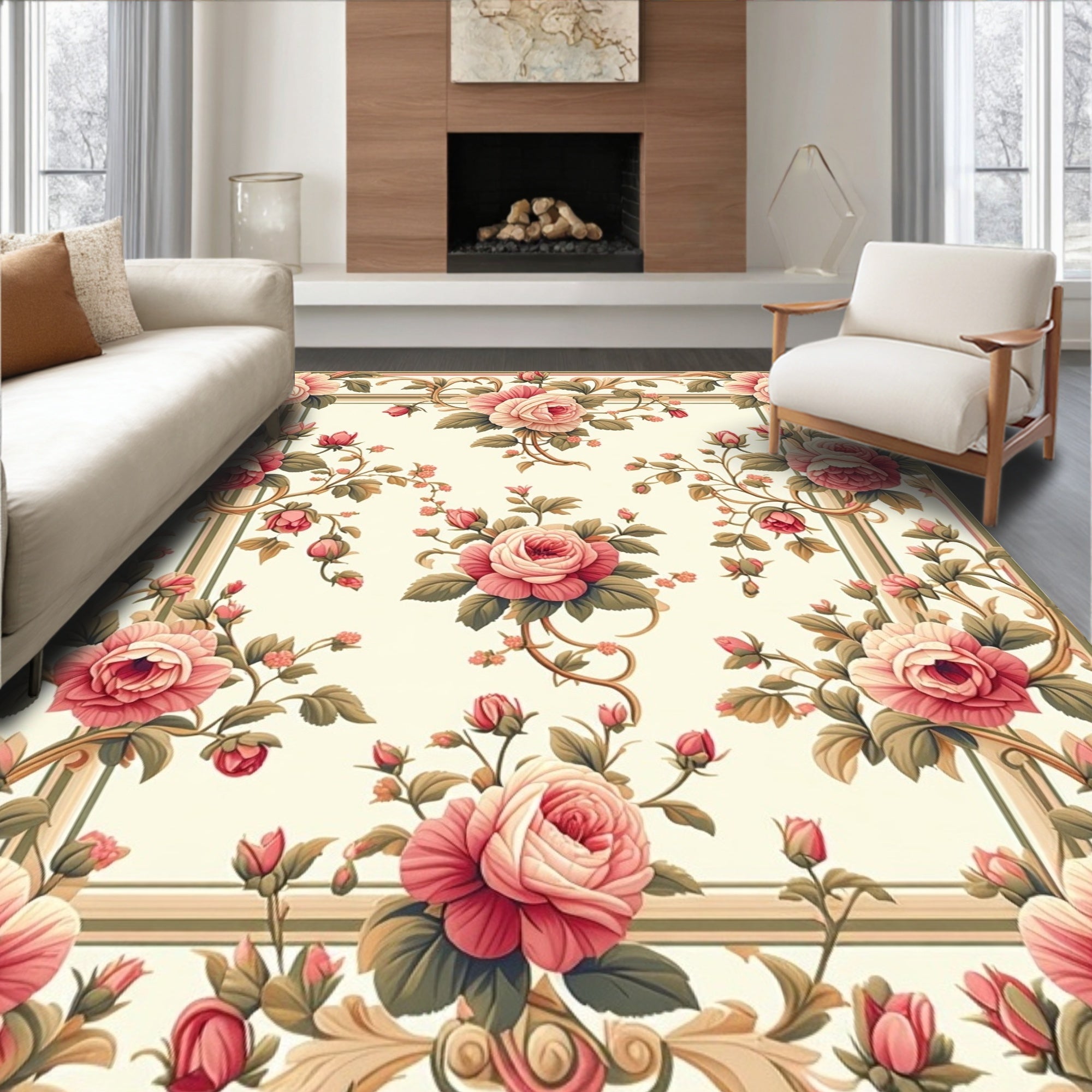 Vintage Rose Blossom With Scrollwork Design Rug
