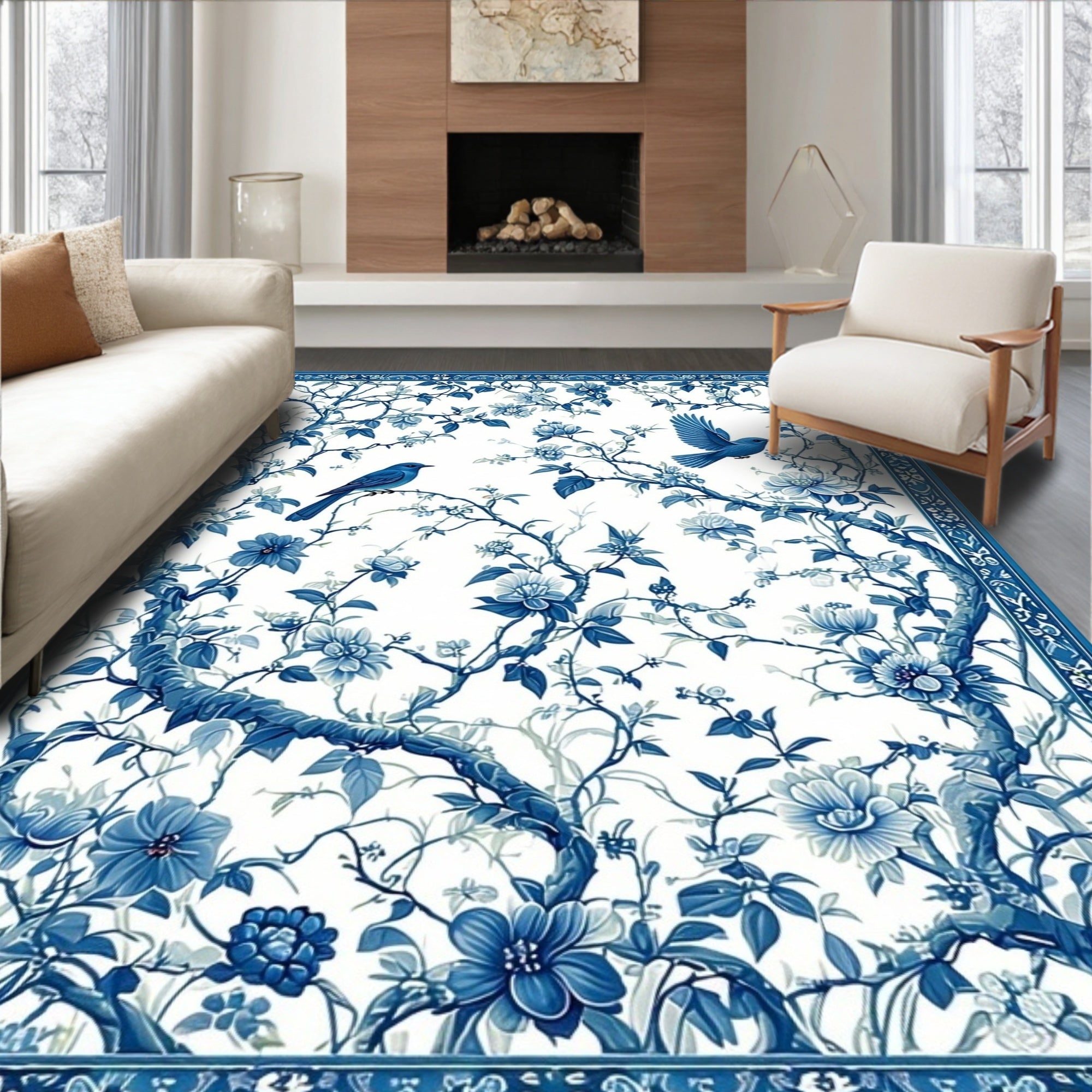 Blue Floral Bird Nature Pattern Rug
