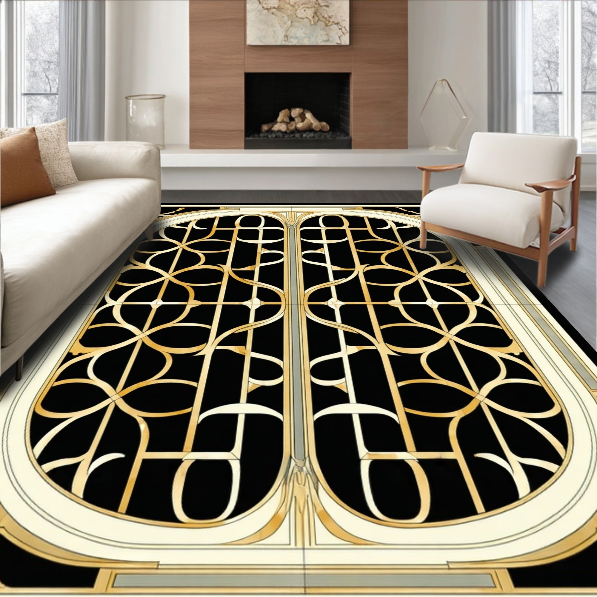Elegant Gold Art Deco Inspired Pattern Rug
