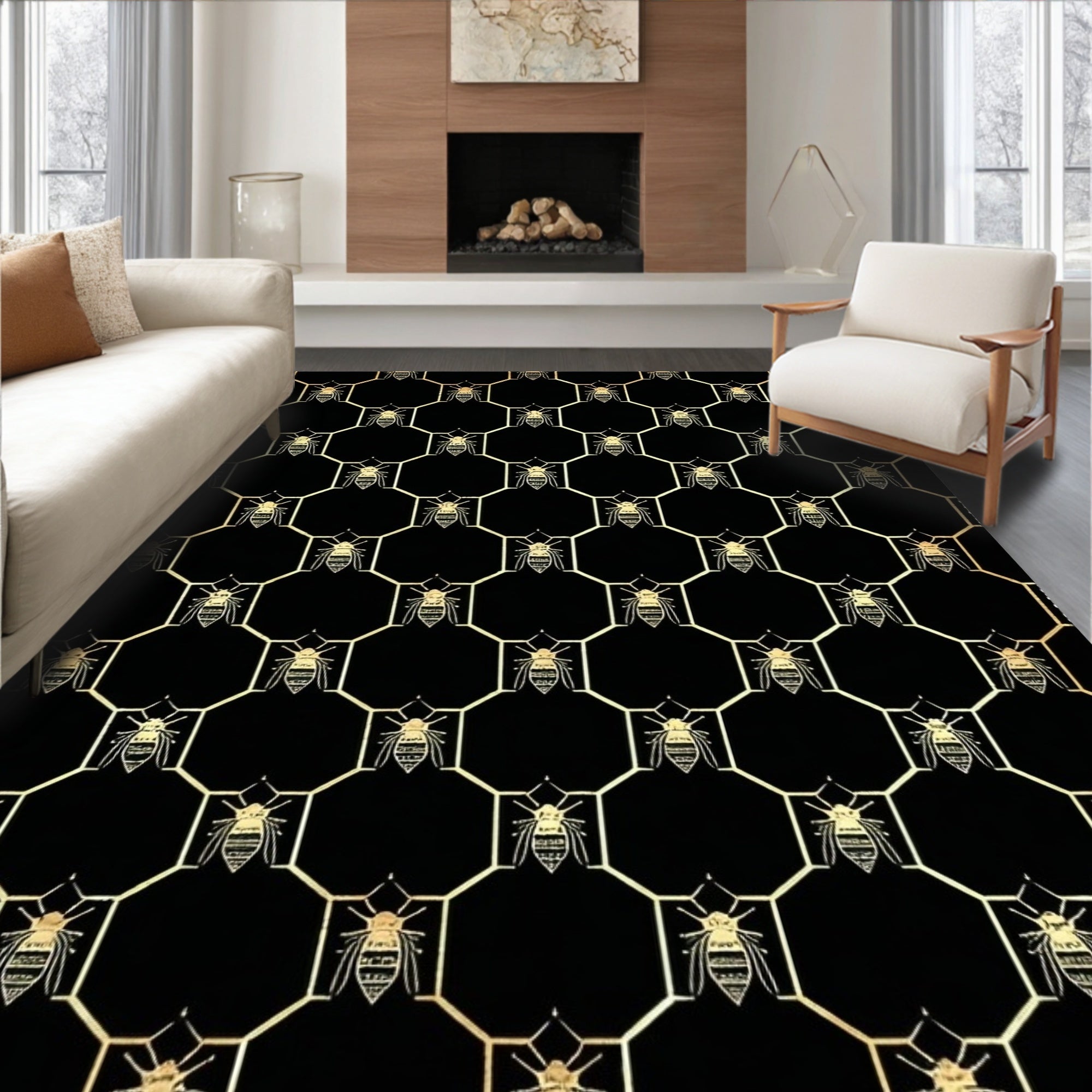Golden Beehive Geometric Pattern Rug
