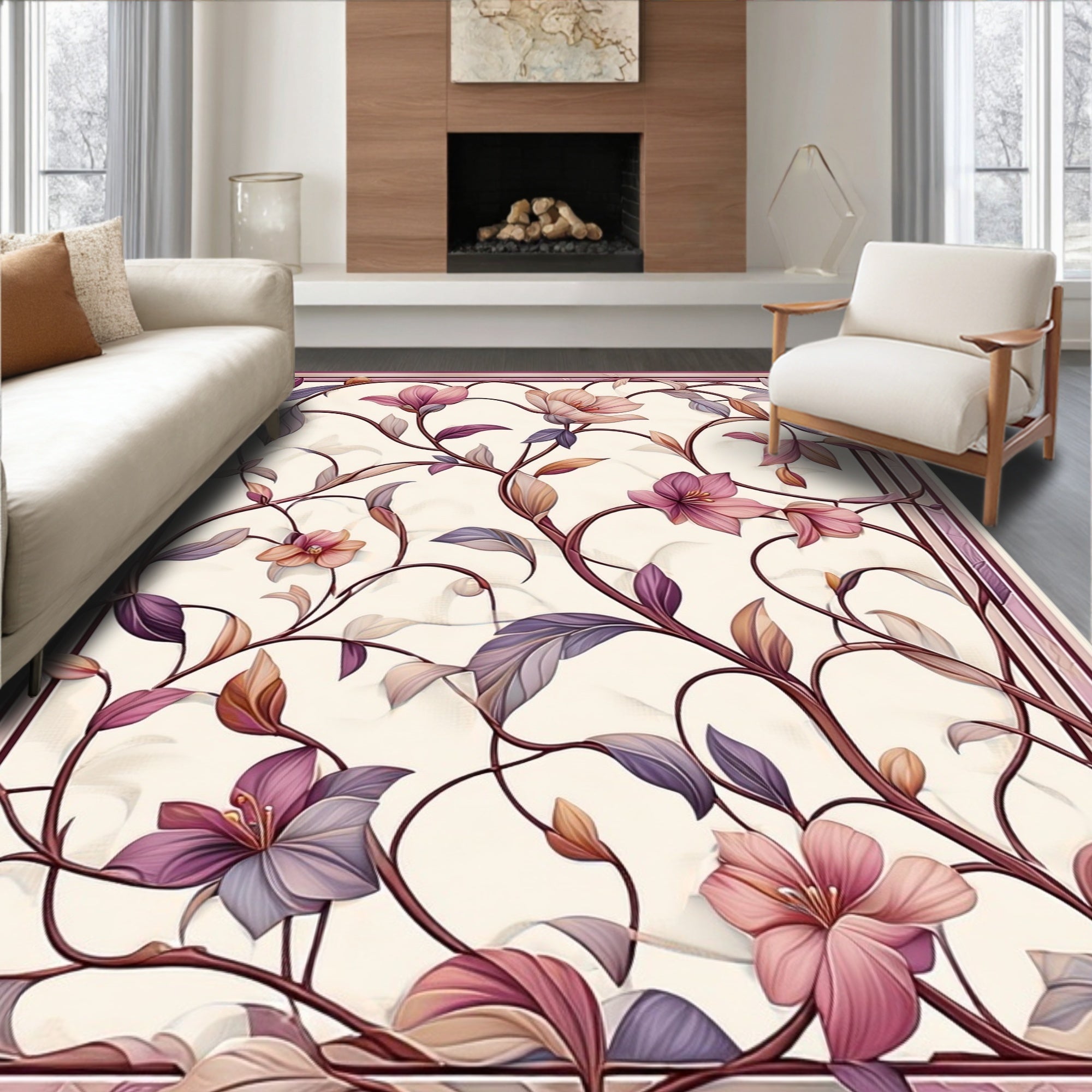 Vibrant Floral Vine Scrollwork Pattern Rug