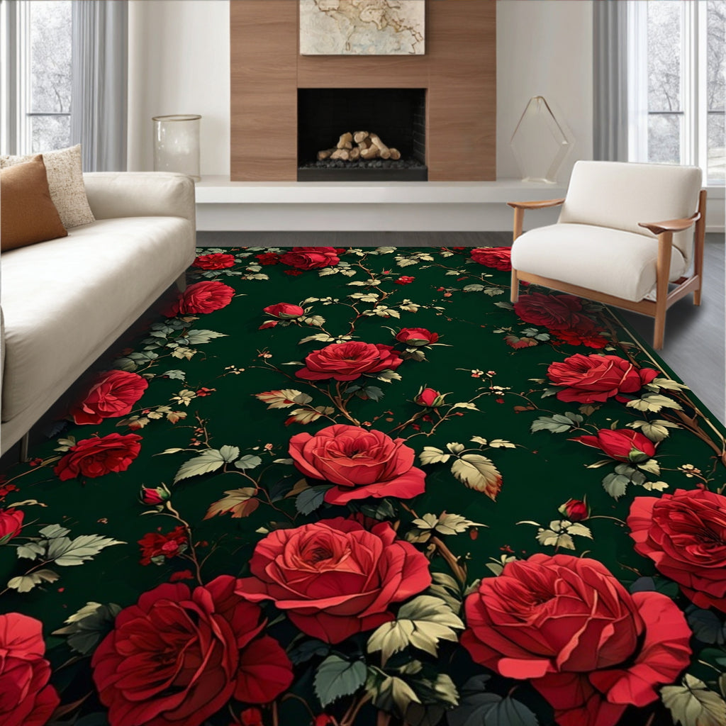 Crimson Rose Vine Floral Pattern Rug
