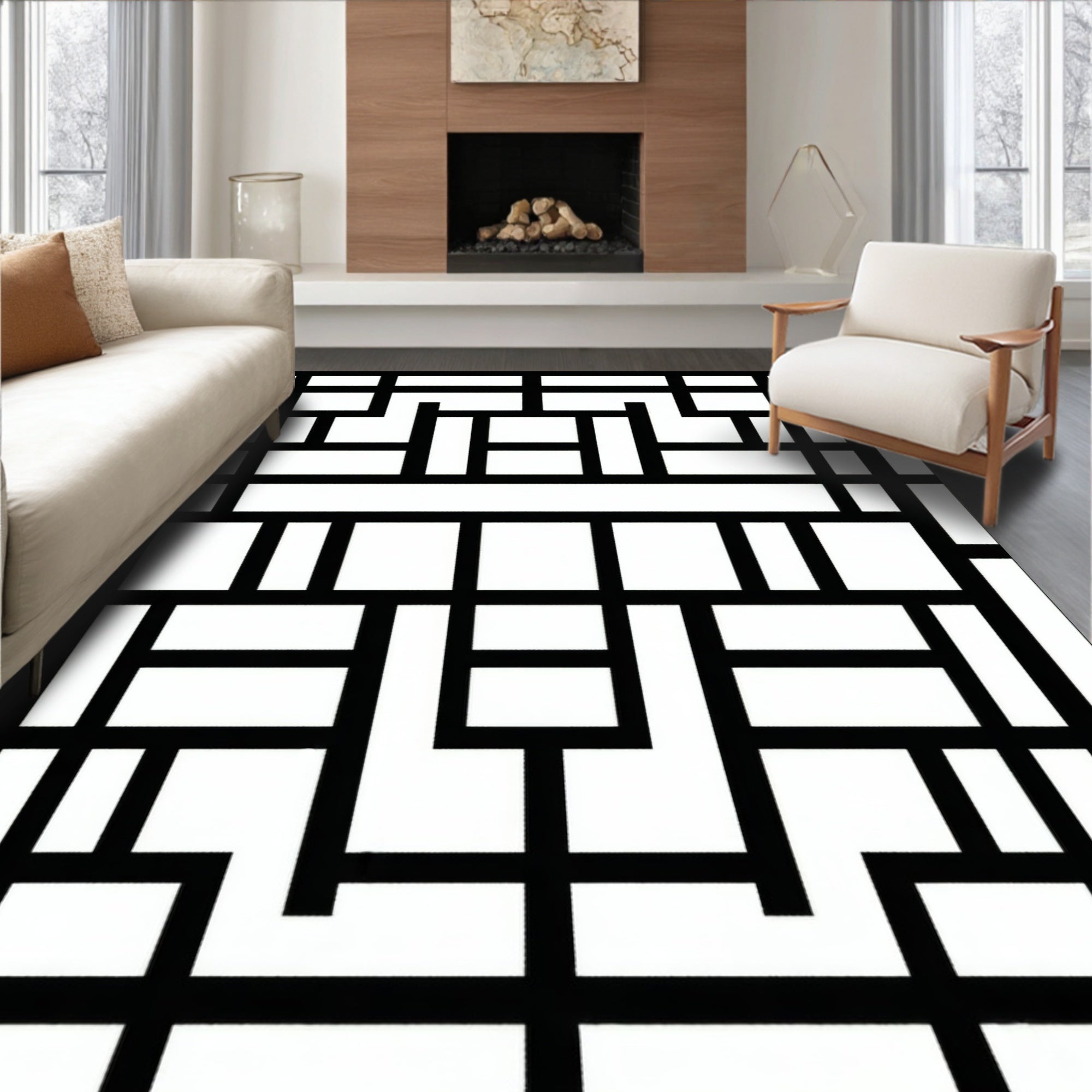Abstract Black White Geometric Design Rug