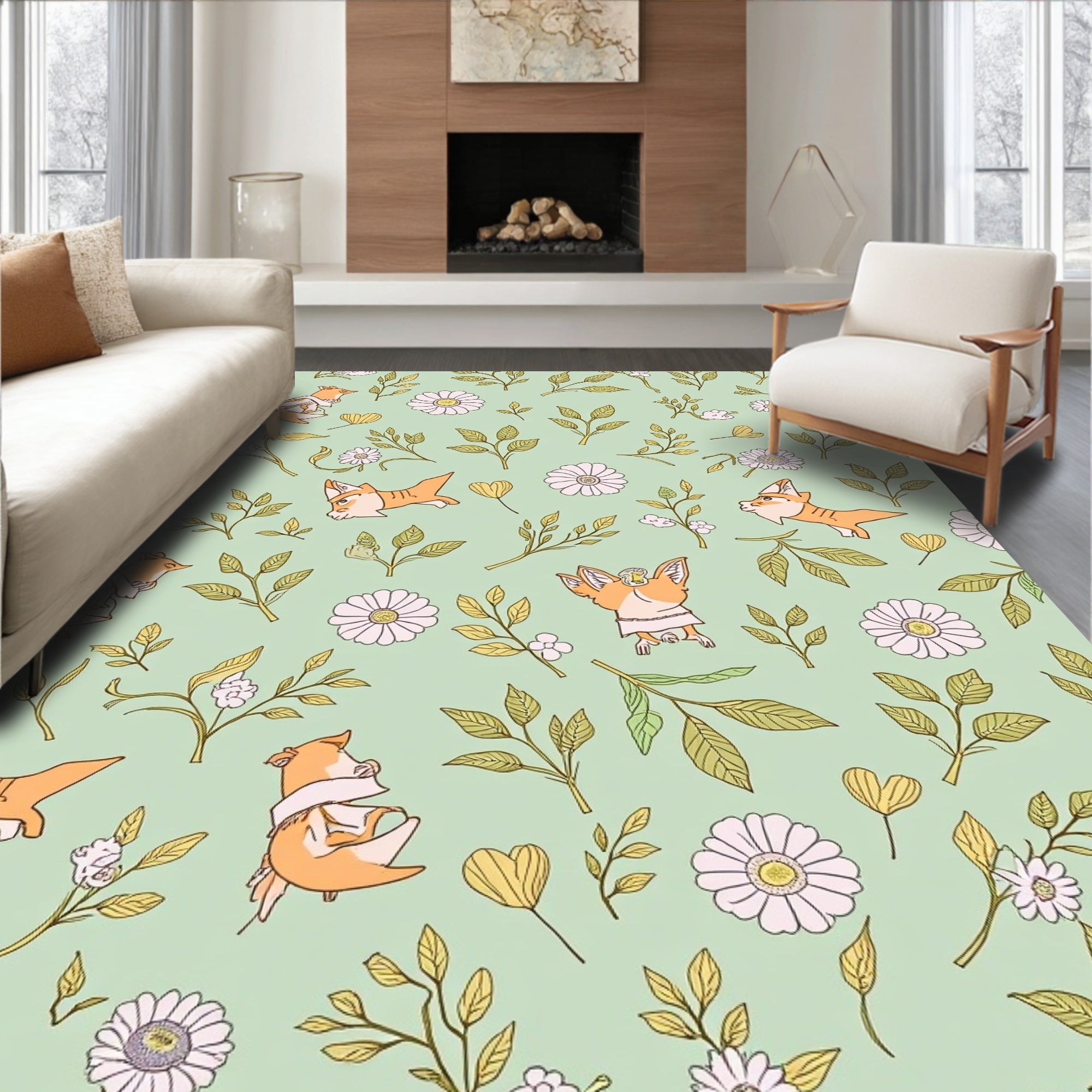 Whimsical Animal Floral Nature Pattern Rug