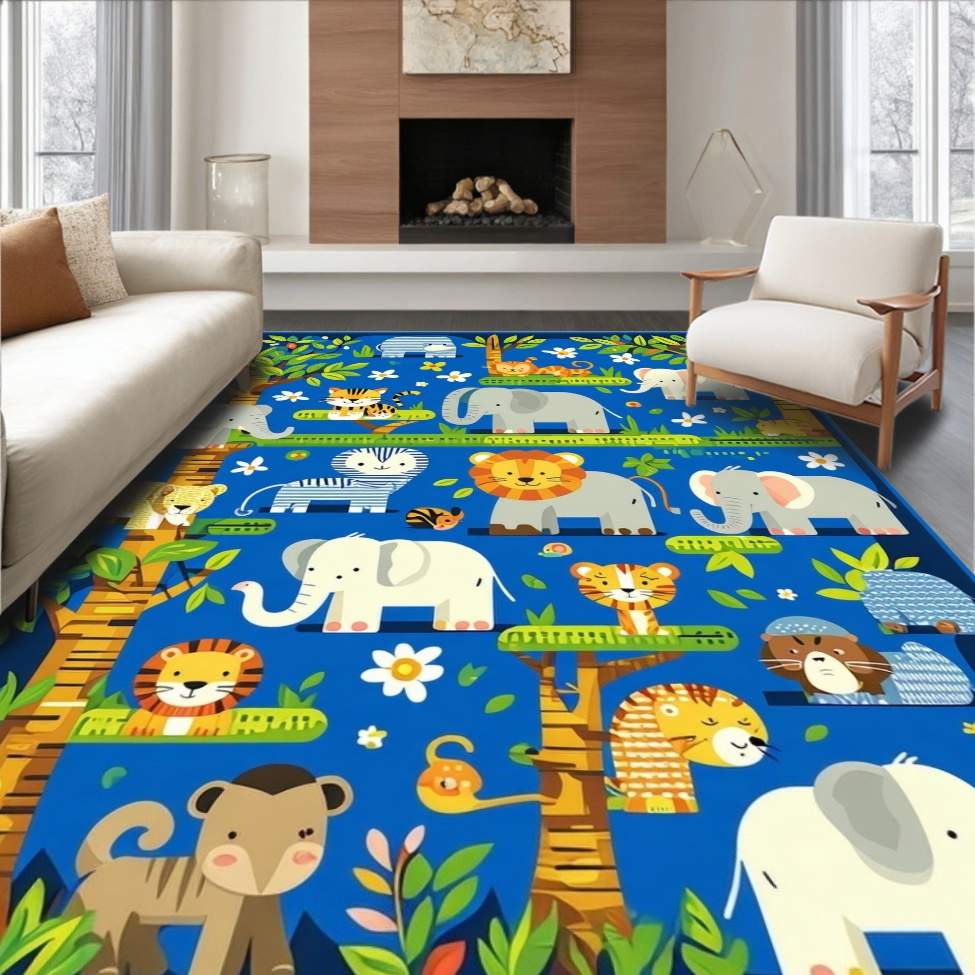 Playful Jungle Animals With Trees Rug