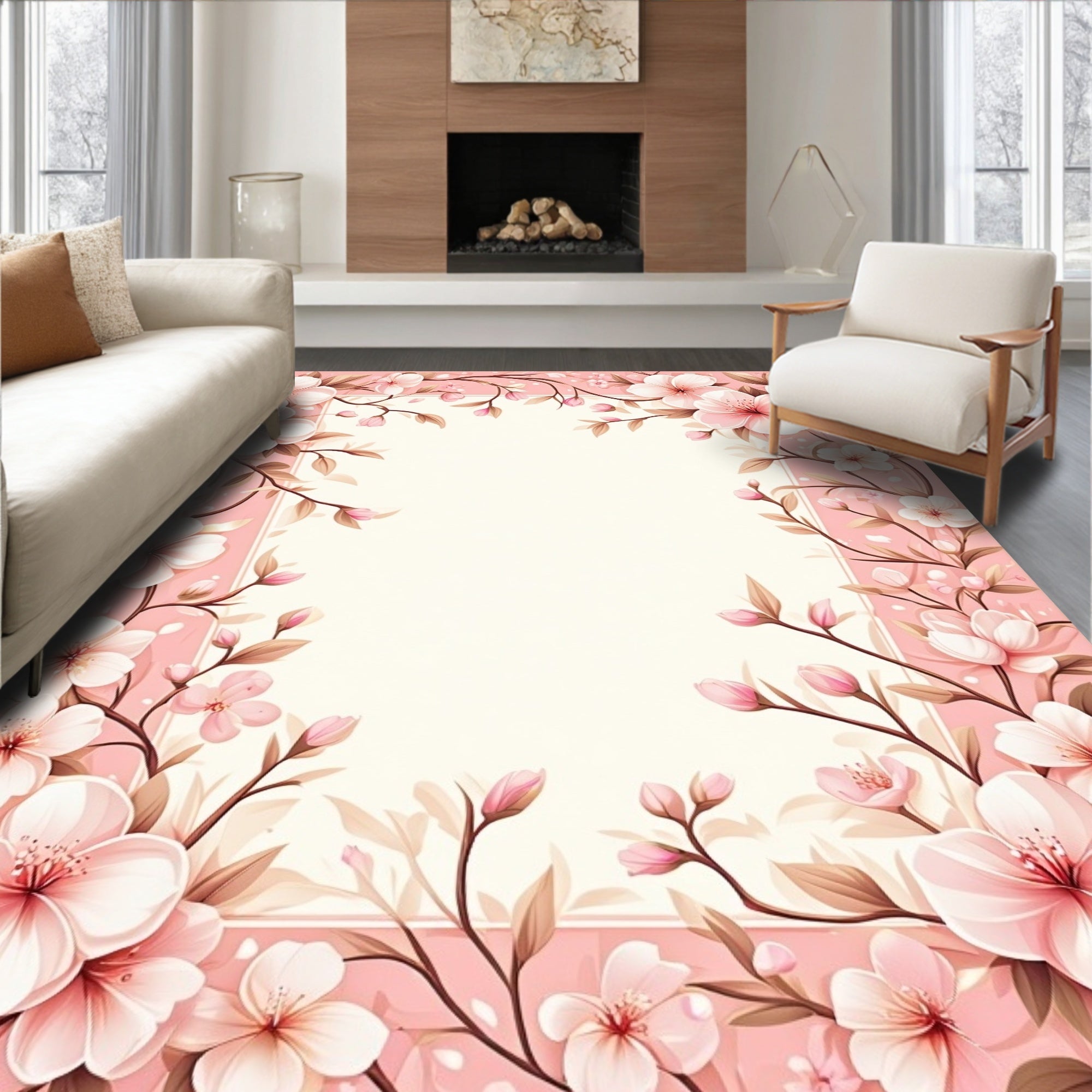 Pink Sakura Blossom Floral Vine Rug