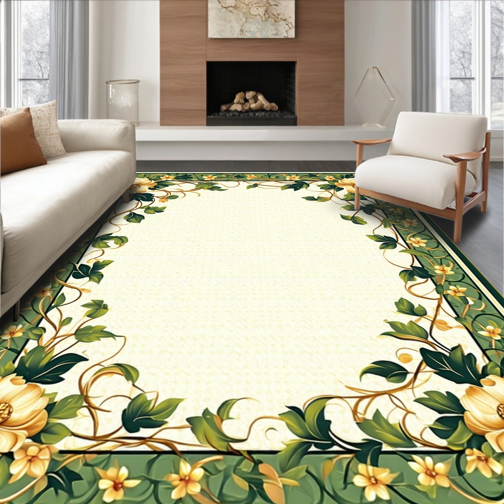 Ornate Floral Vine Border Design Rug