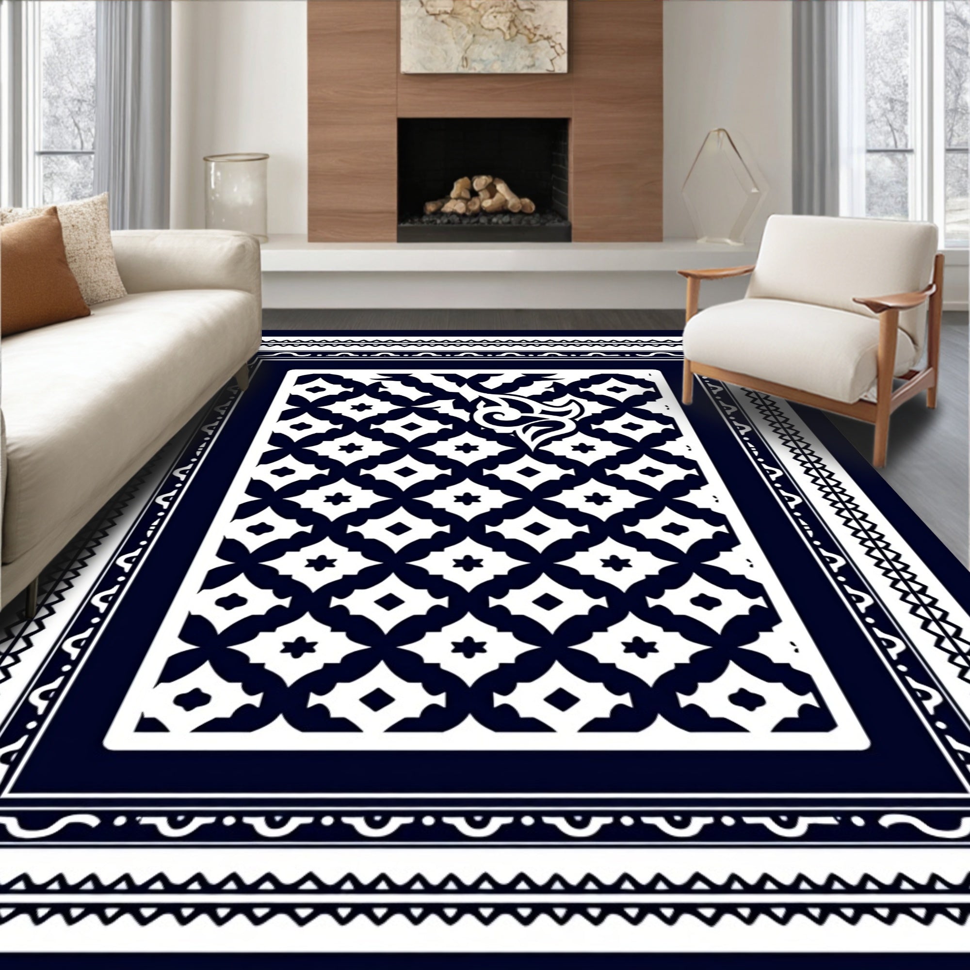 Ornate Lattice Border Geometric Rug