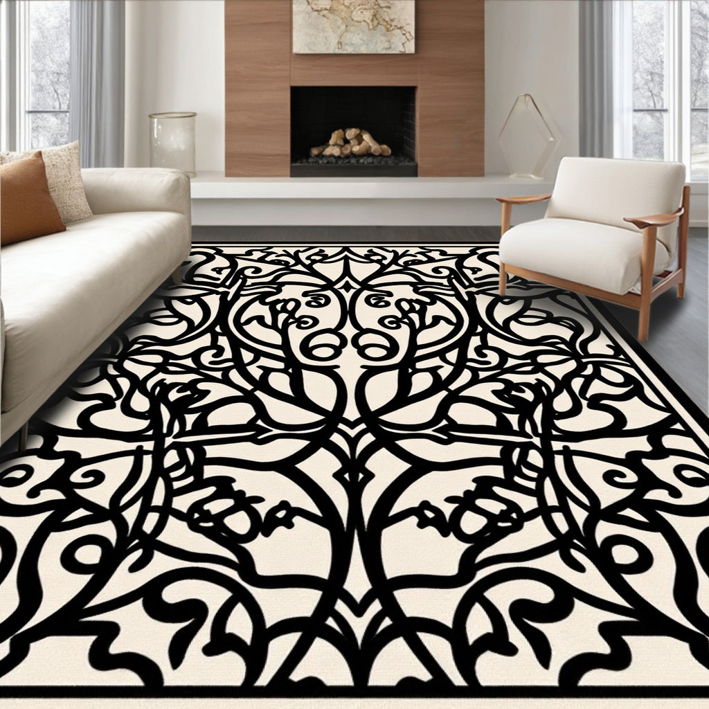 Intricate Black Botanical Nature Scroll Design Rug