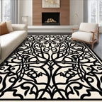 Intricate Black Botanical Nature Scroll Design Rug