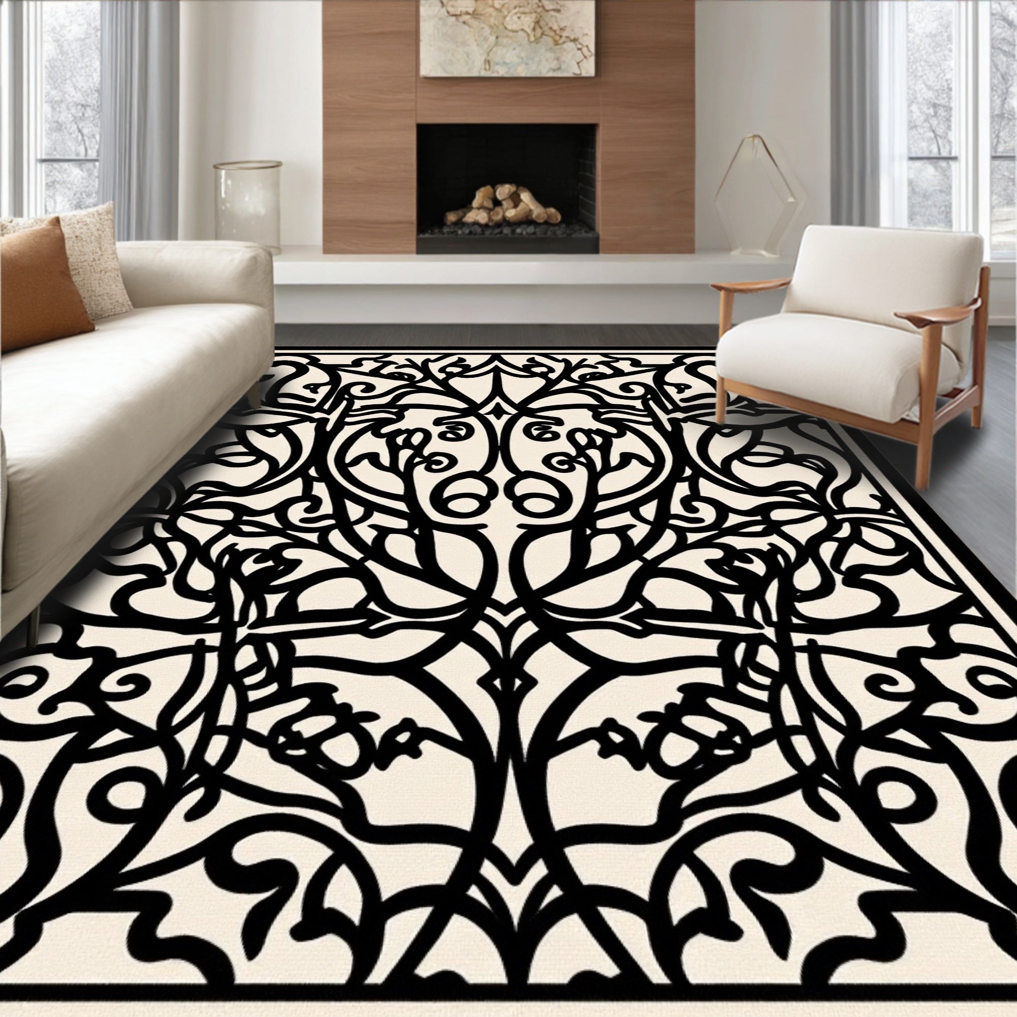 Intricate Black Botanical Nature Scroll Design Rug