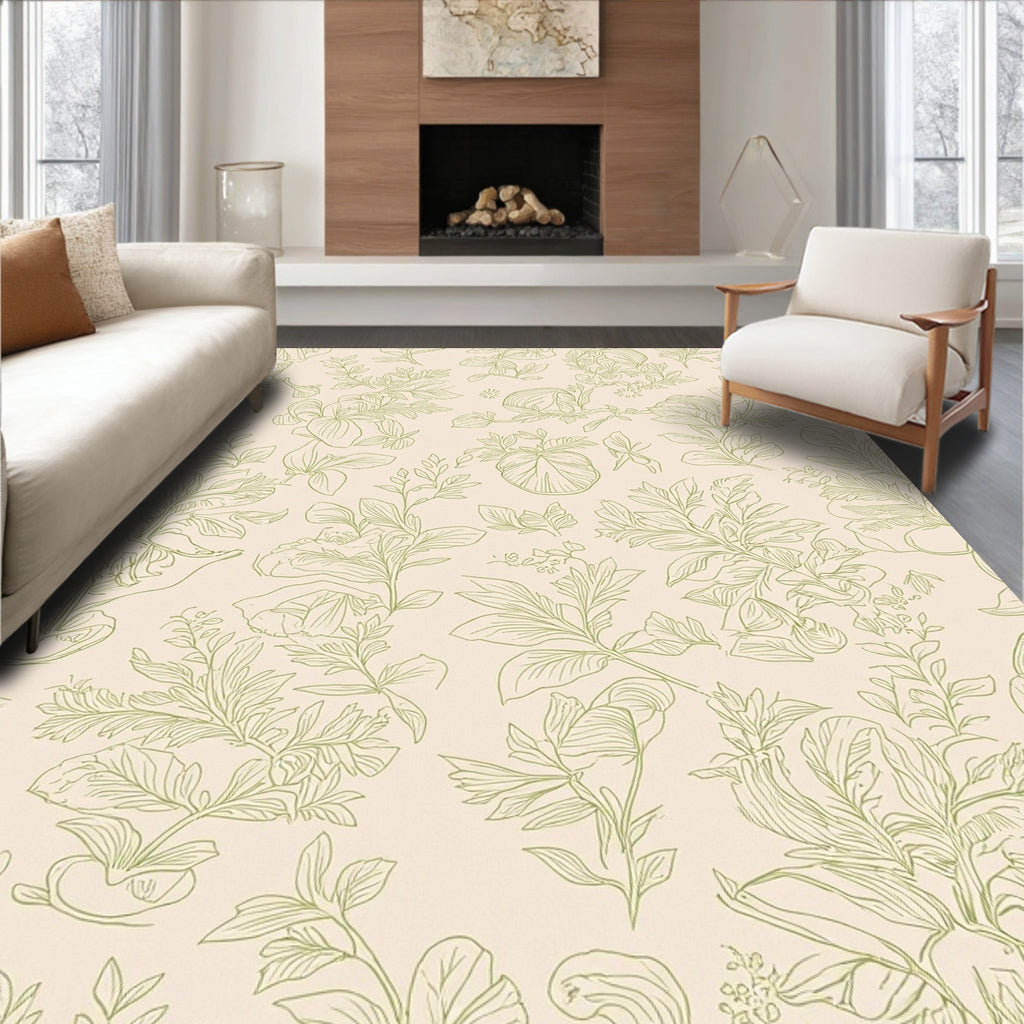 Botanical Floral Outline On Beige Rug