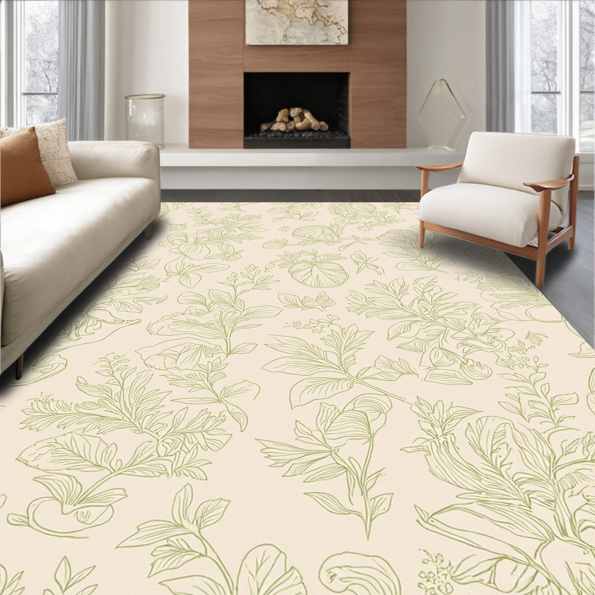 Botanical Floral Outline On Beige Rug
