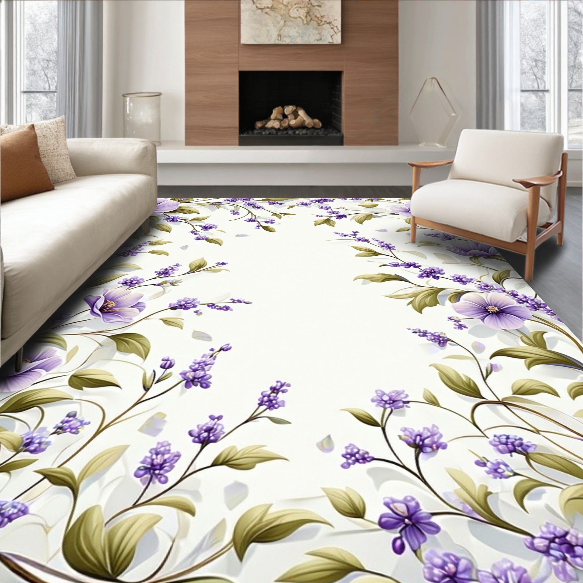 Purple Lavender Floral Vine Pattern Rug