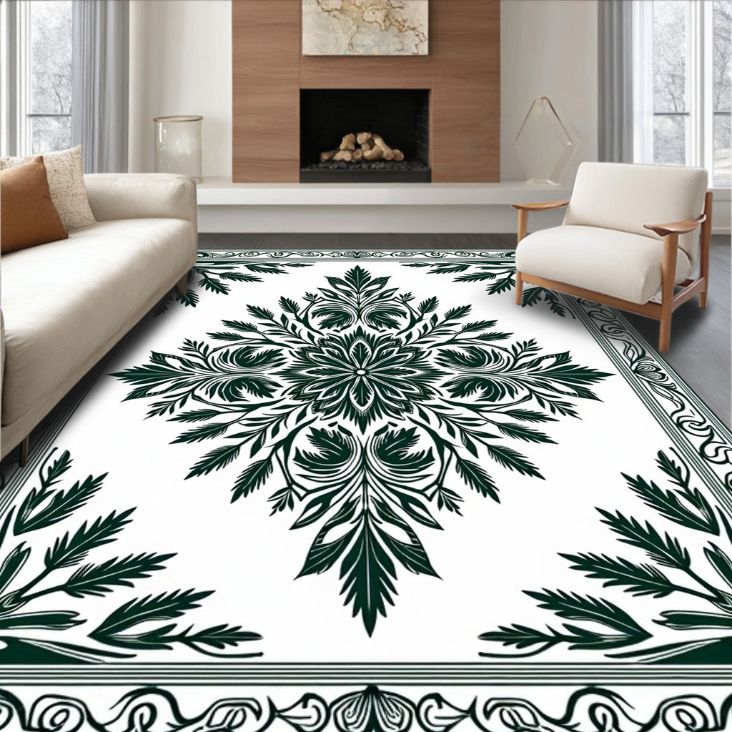 Dark Green Floral Medallion Design Rug