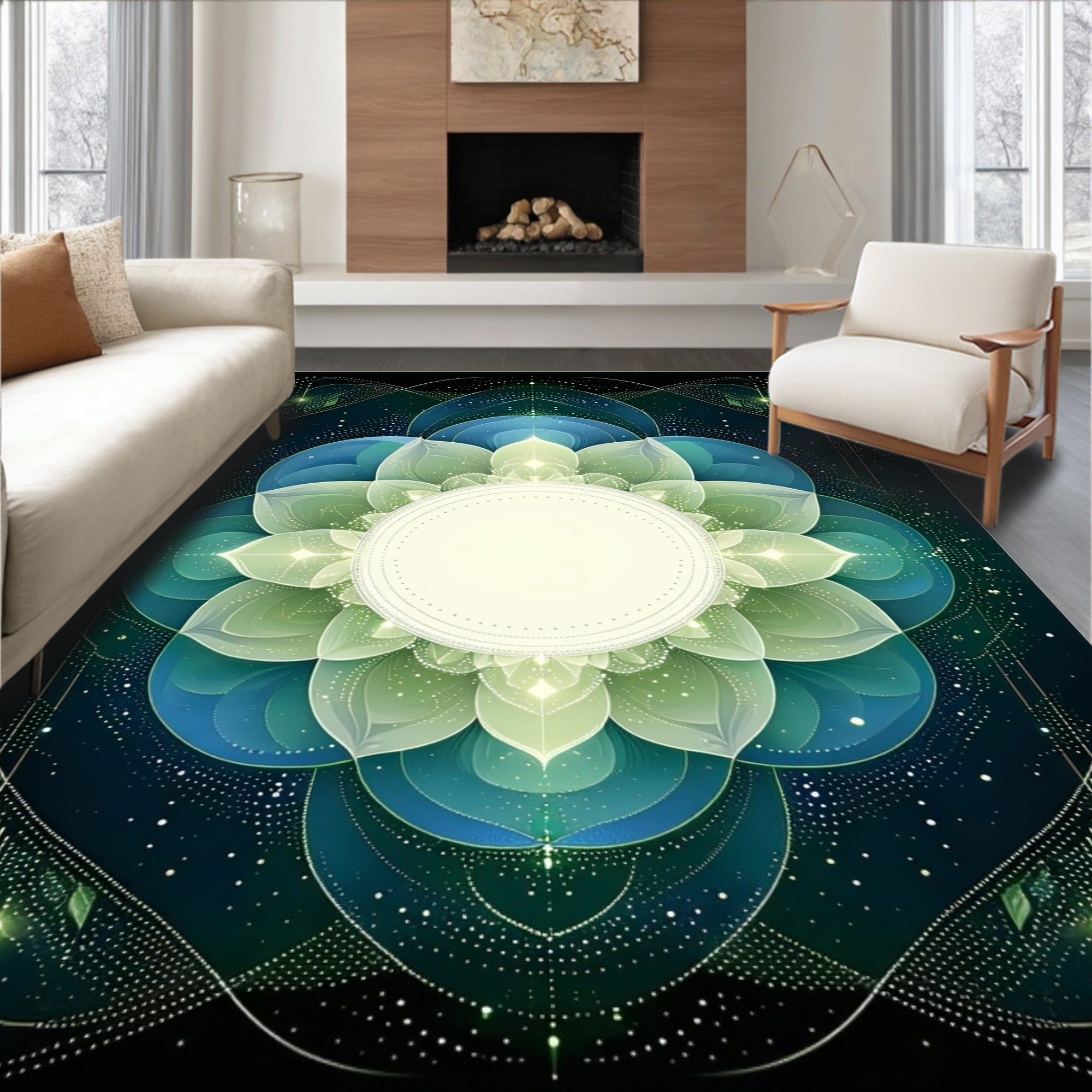 Deep Blue Green Mandala Pattern Rug