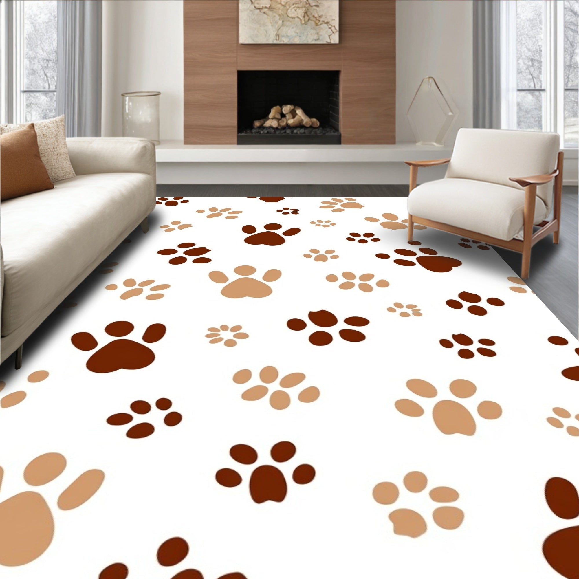 Brown Beige Paw Prints Scattered Rug