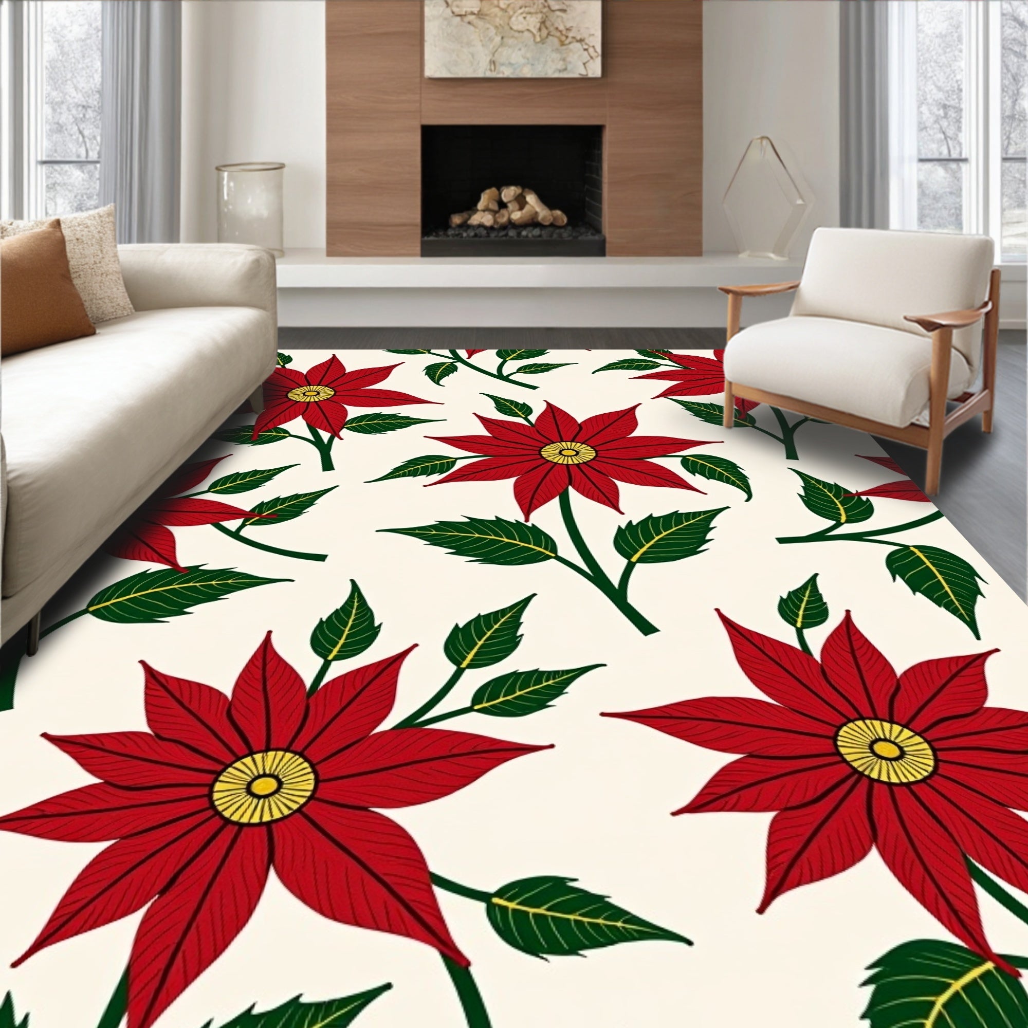 Crimson Poinsettia Flower Art Rug