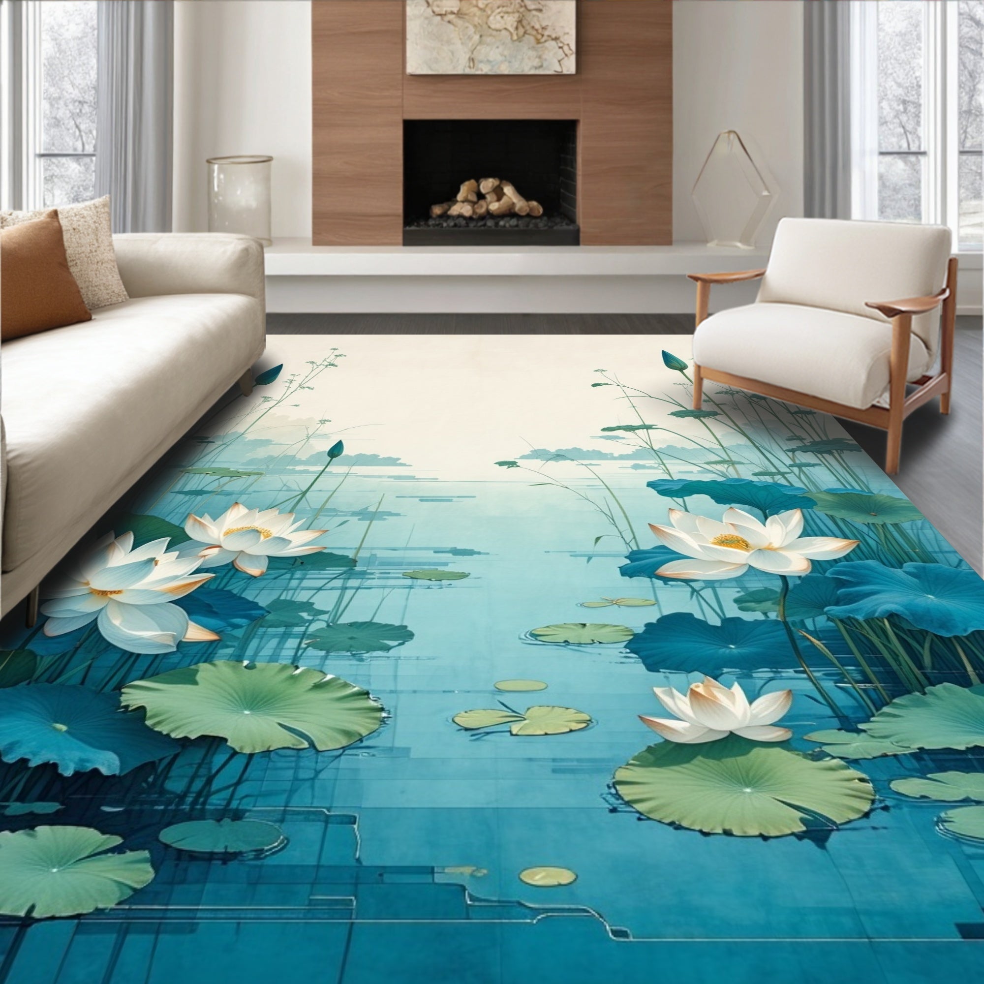 Serene Water Lily Pond Scene Rug