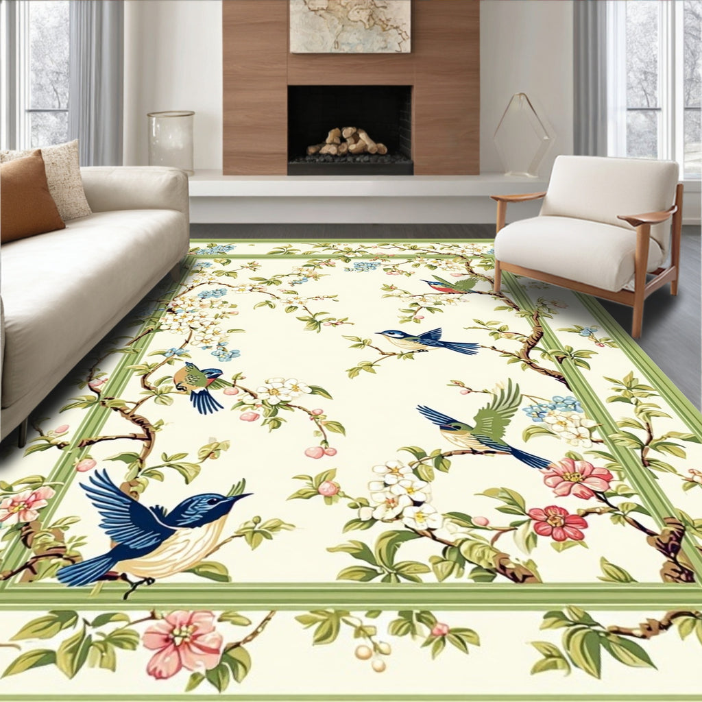 Charming Botanical Bird Branches Design Rug