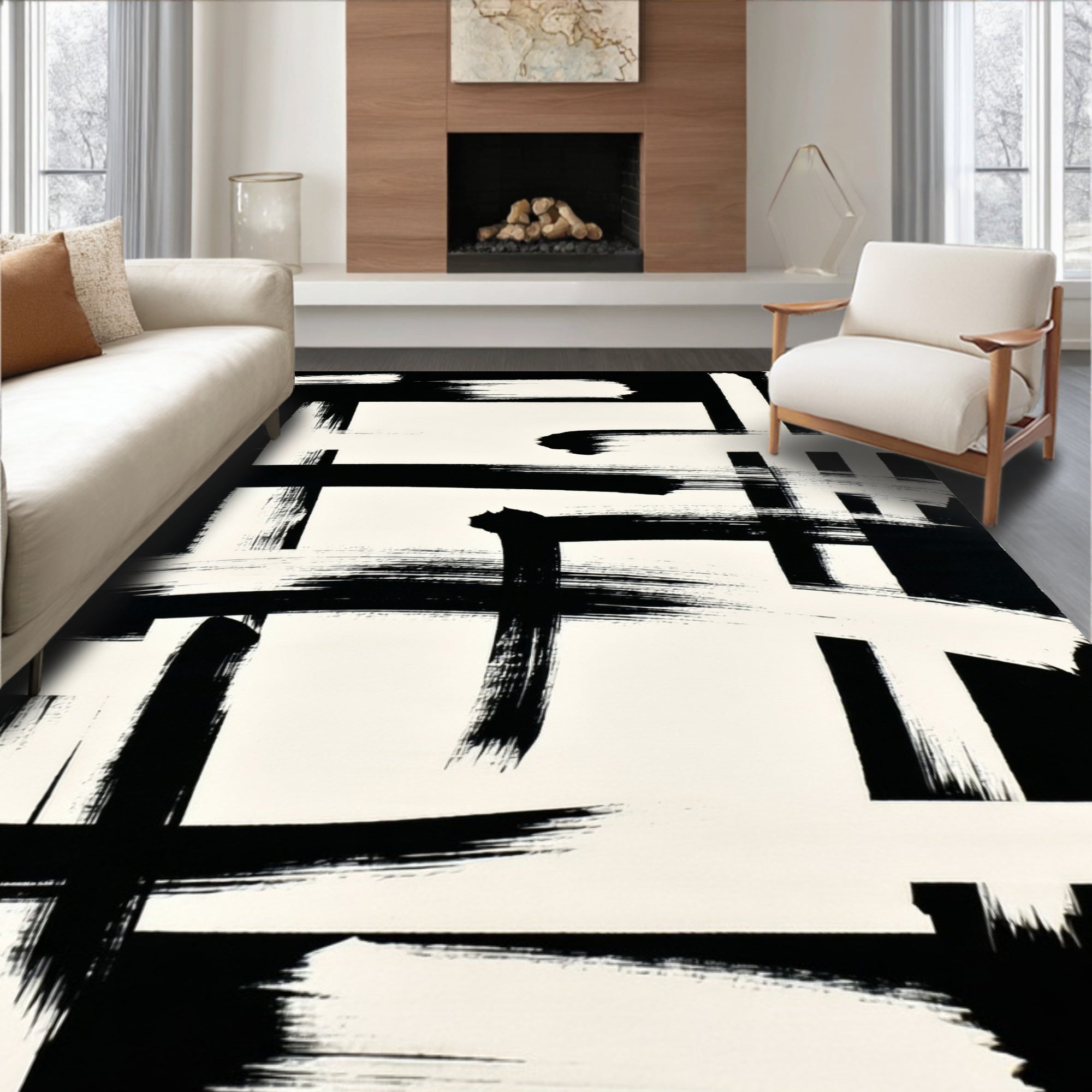 Bold Abstract Brushstroke Geometric Pattern Rug