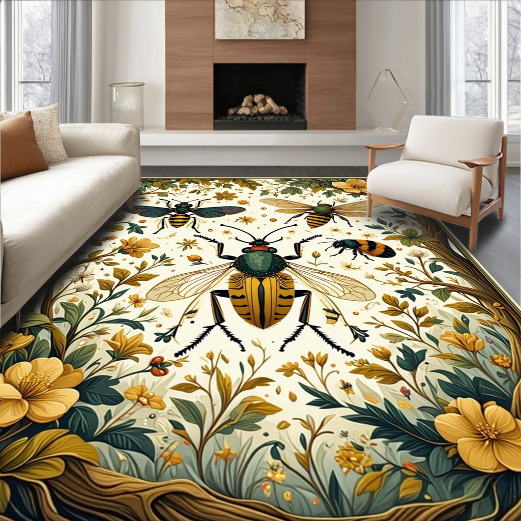 Whimsical Insect Floral Garden Art Rug