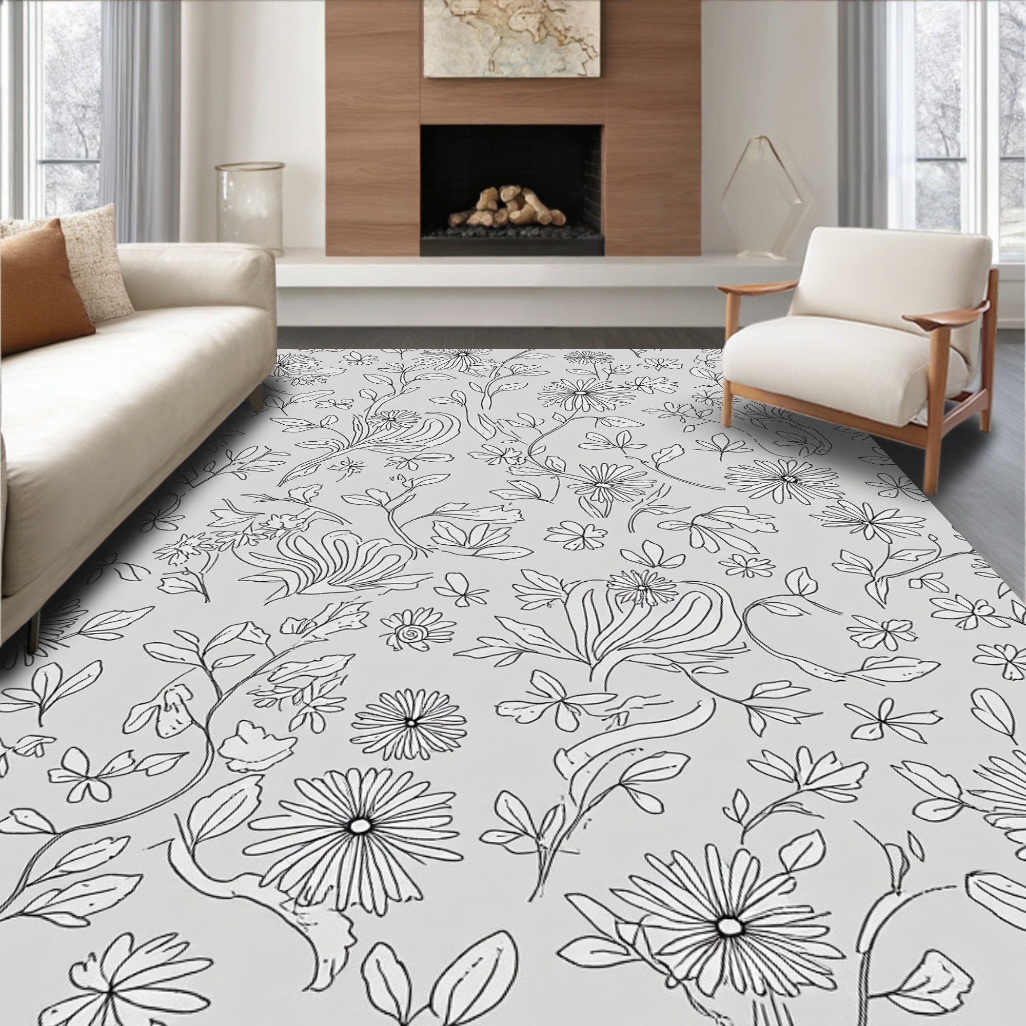 Delicate Outline Floral Pattern Rug