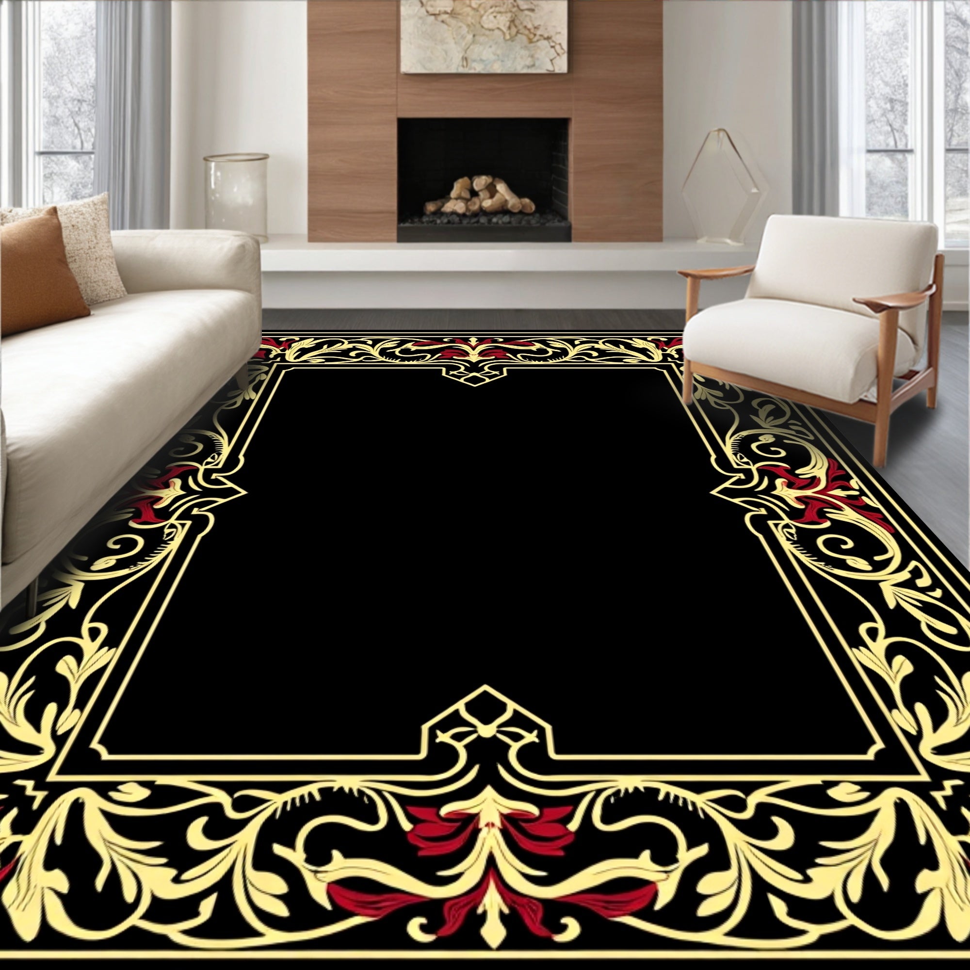 Ornate Flourish Red Gold Border Rug