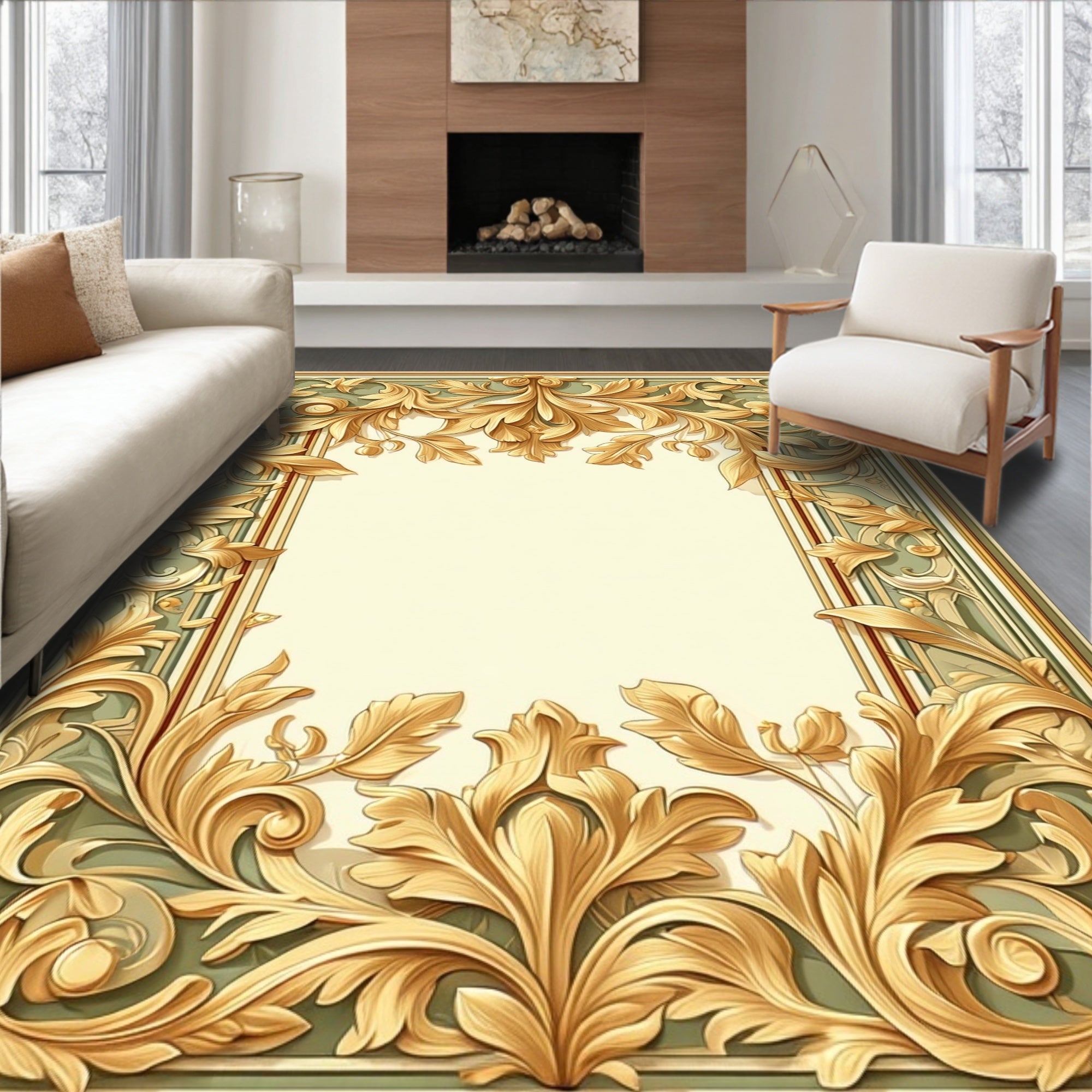 Ornate Gold Leaf Floral Border Rug