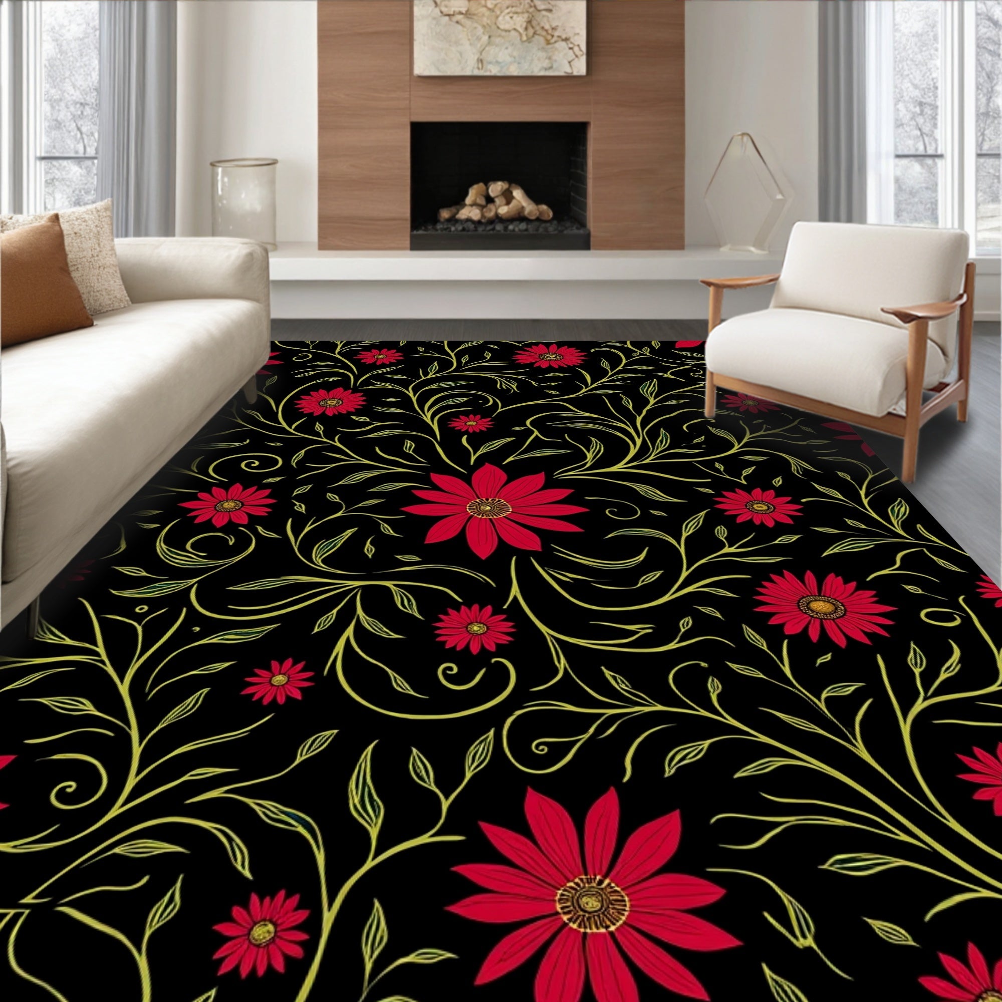 Red Flower Vine Pattern Rug