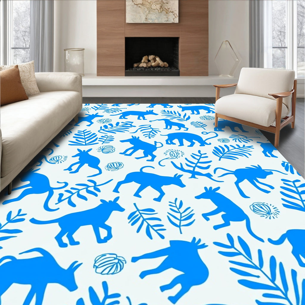 Playful Blue Animal Leaf Motif Rug