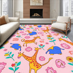 Playful Giraffe Elephant Floral Pattern Rug