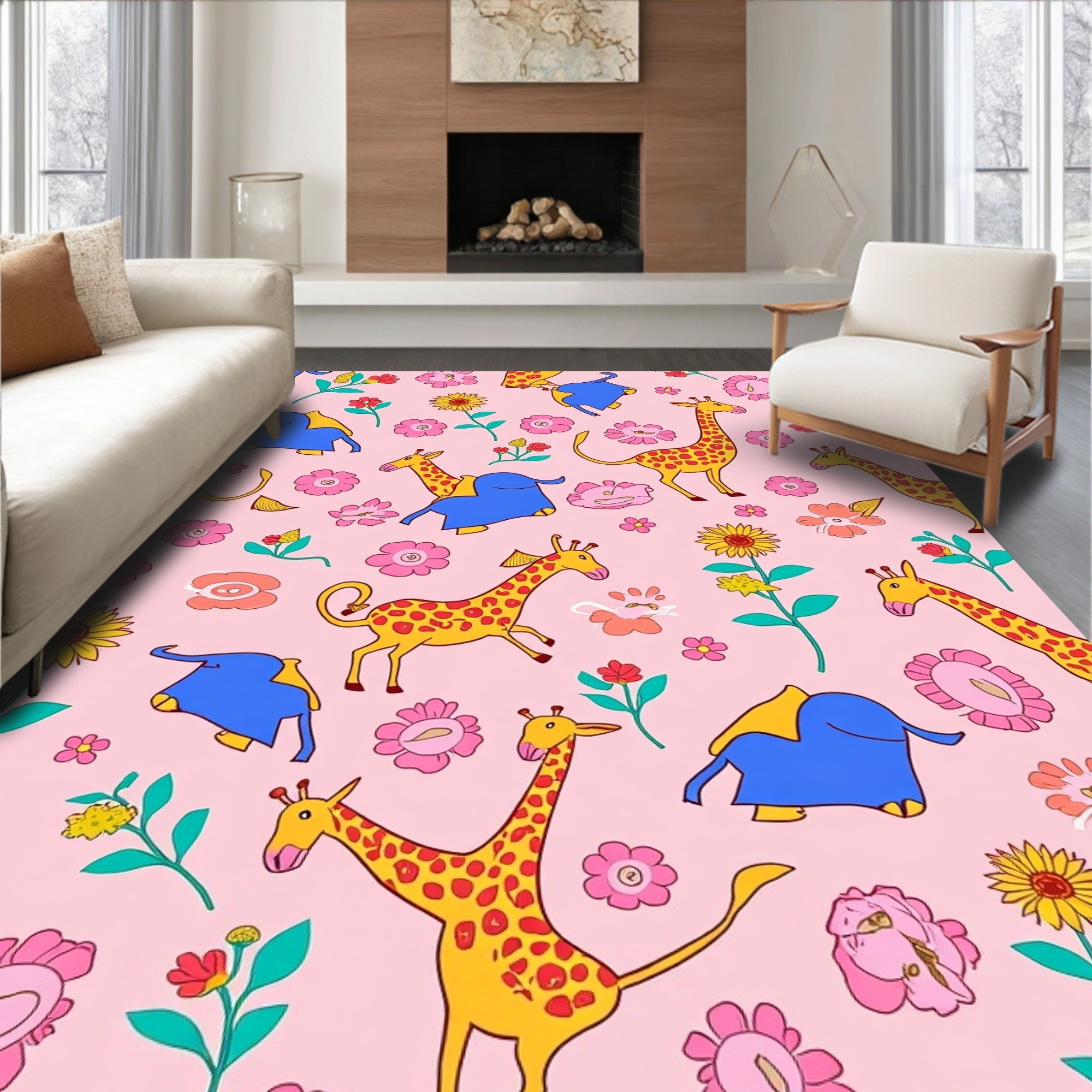 Playful Giraffe Elephant Floral Pattern Rug