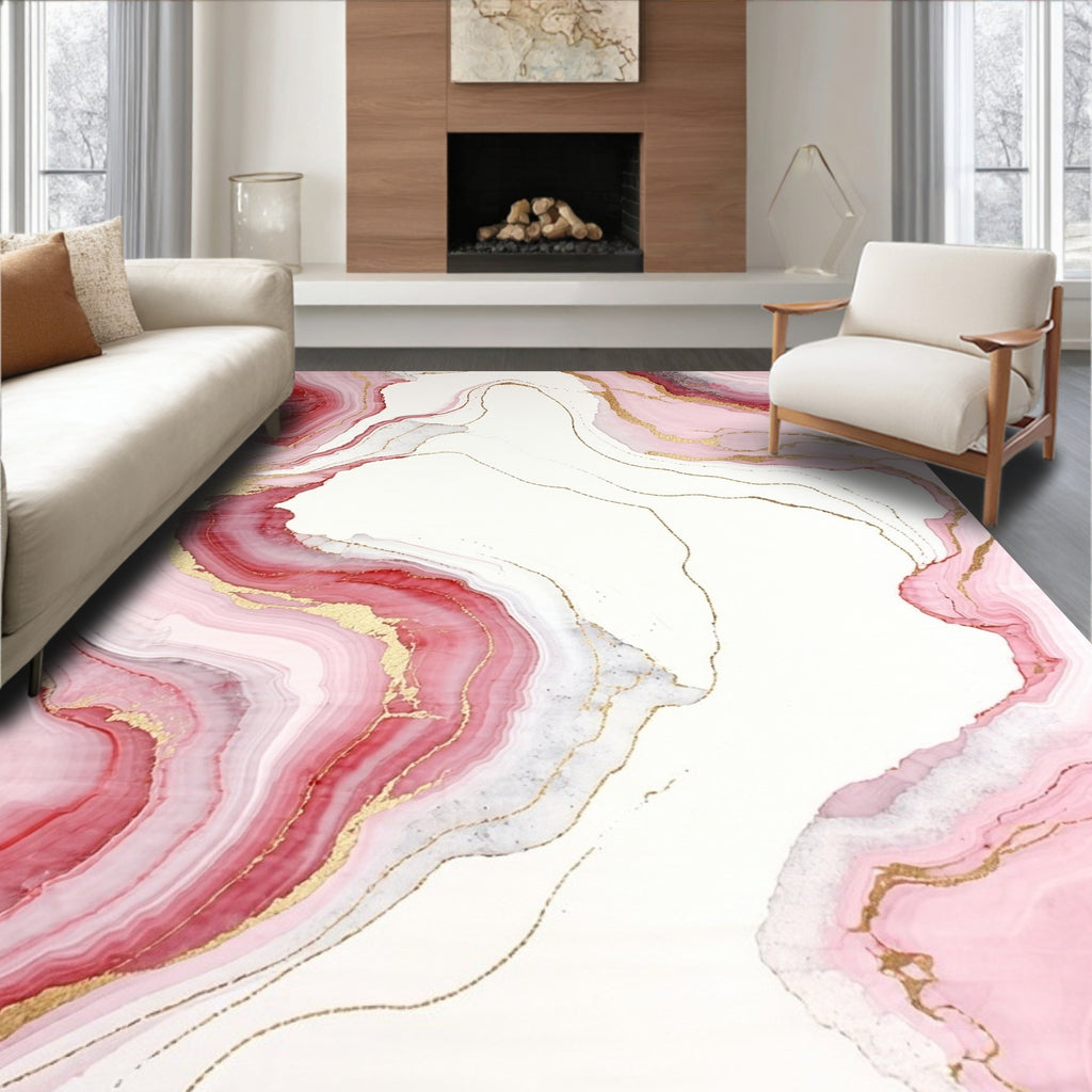 Pink Crimson Gold Marble Pattern Rug