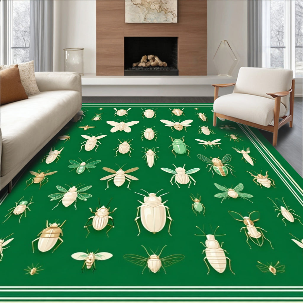 Elegant Insect Illustrations On Green Canvas Rug