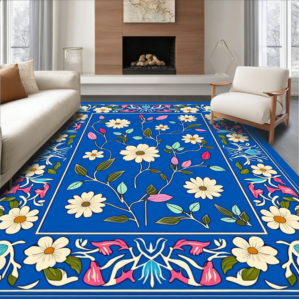 Bright Blue Floral Botanical Pattern Rug