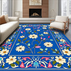 Bright Blue Floral Botanical Pattern Rug