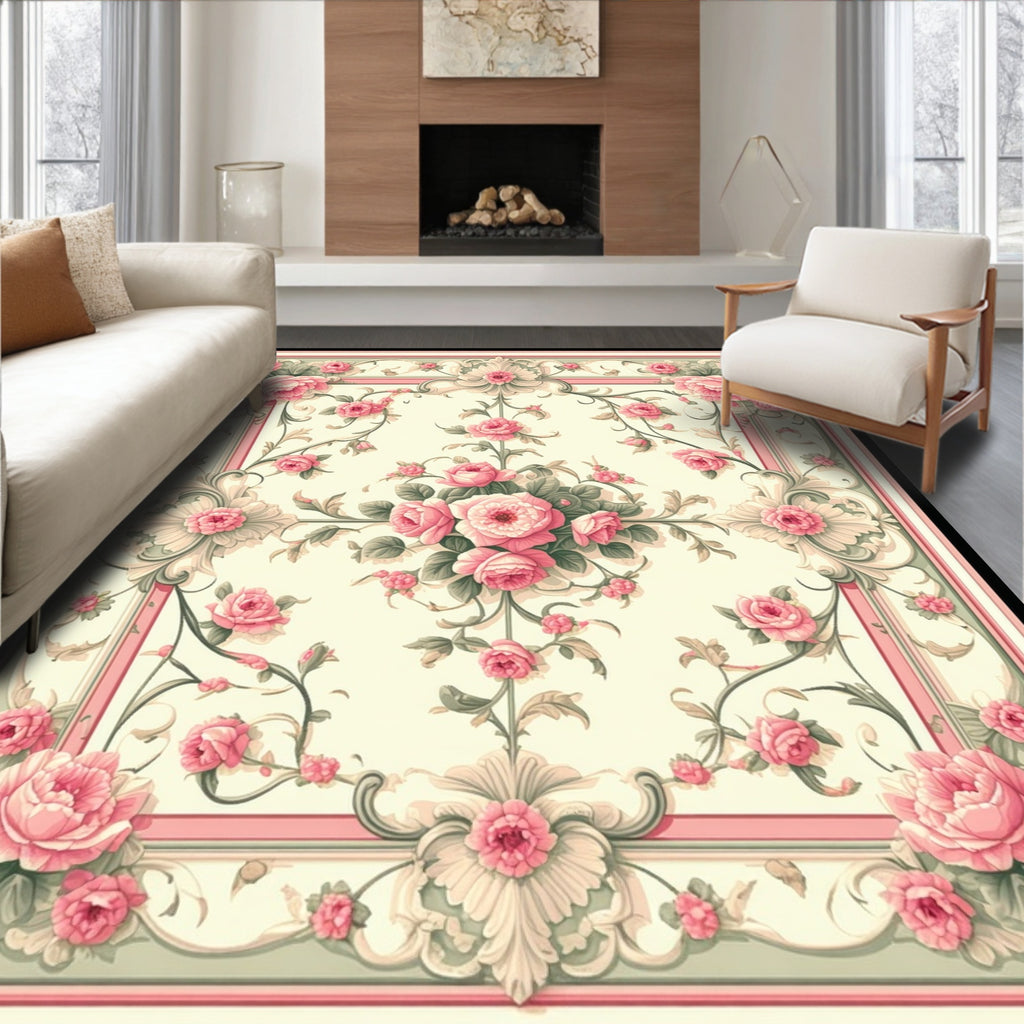 Vintage Floral Garden Pink Roses Rug