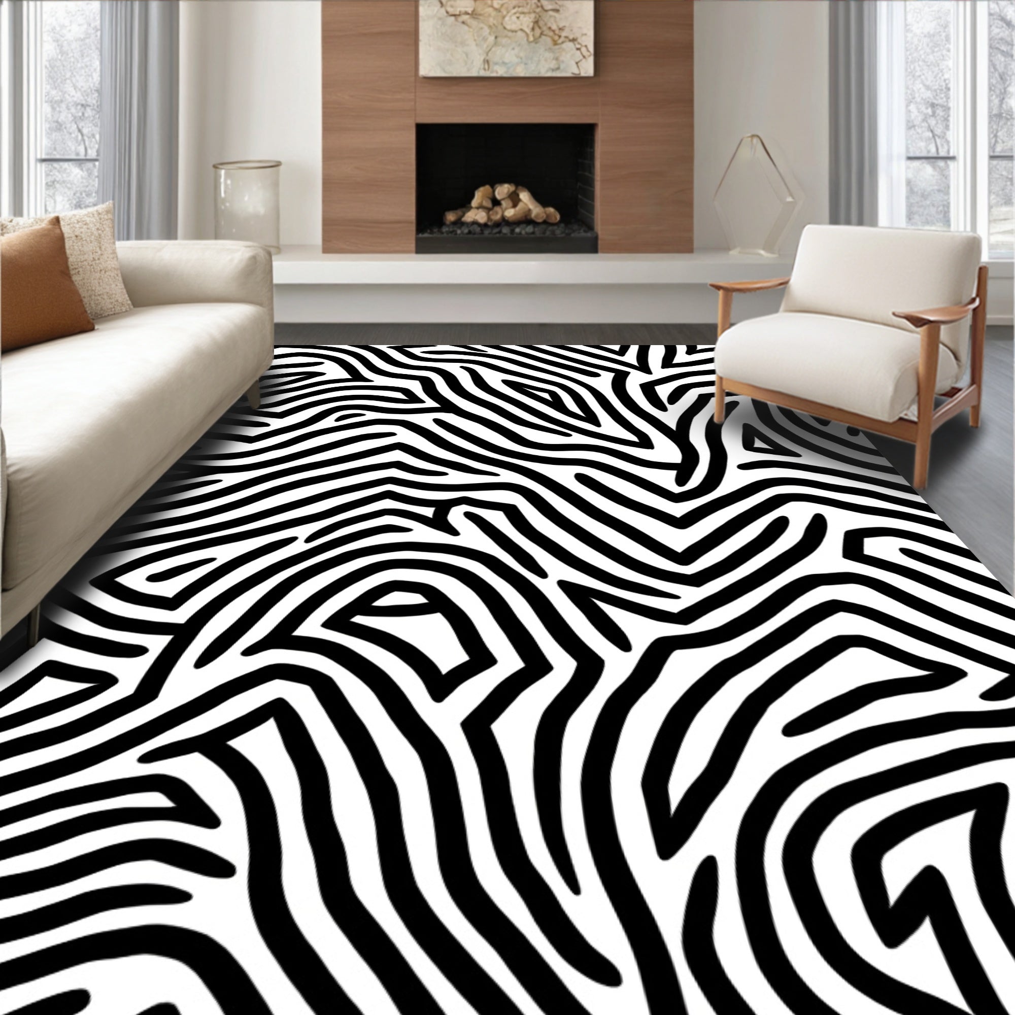 Bold Black White Abstract Lines Rug