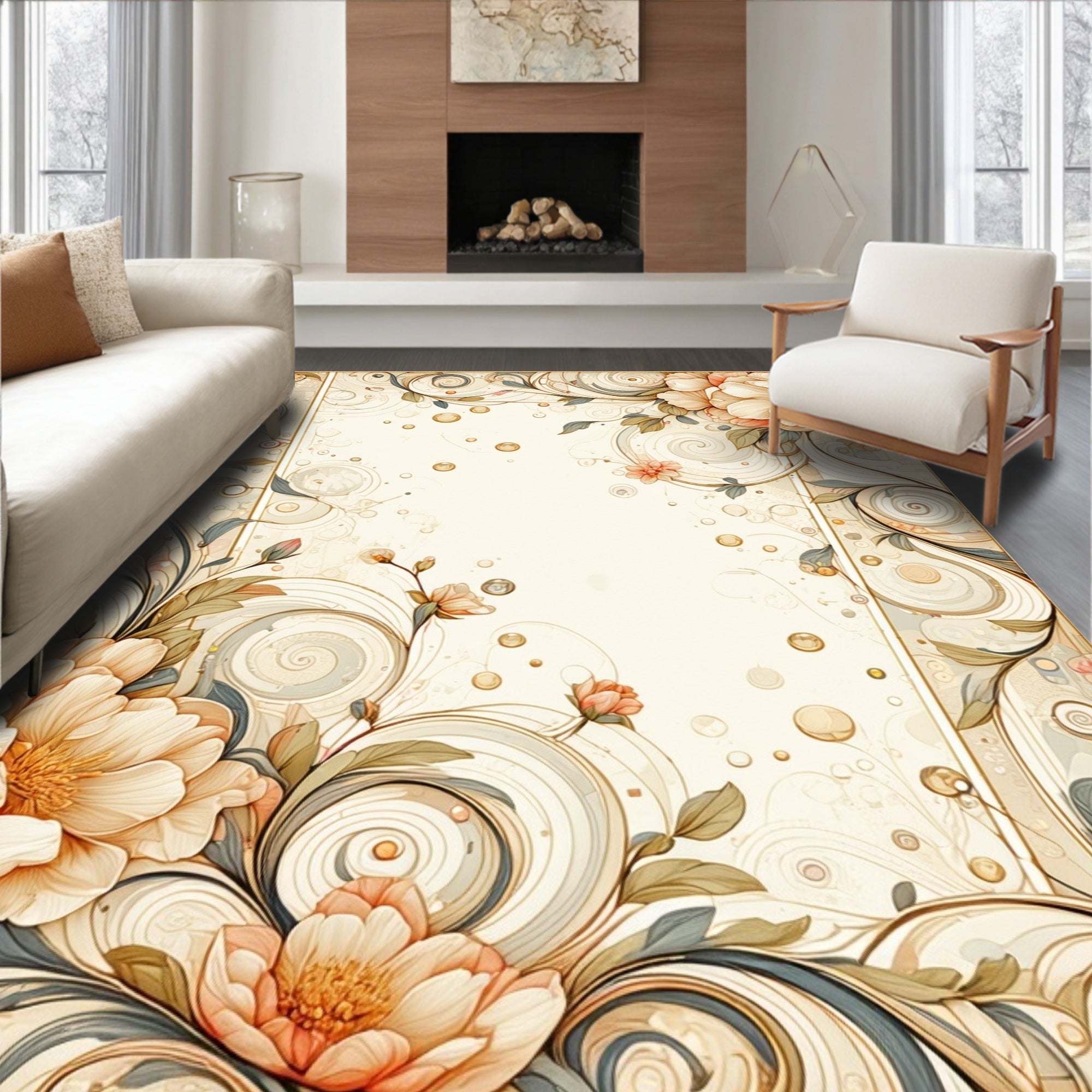 Soft Floral Swirls Botanical Design Rug