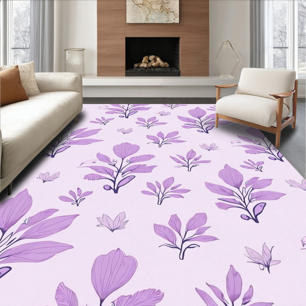 Purple Floral Patterned Botanical Design Rug