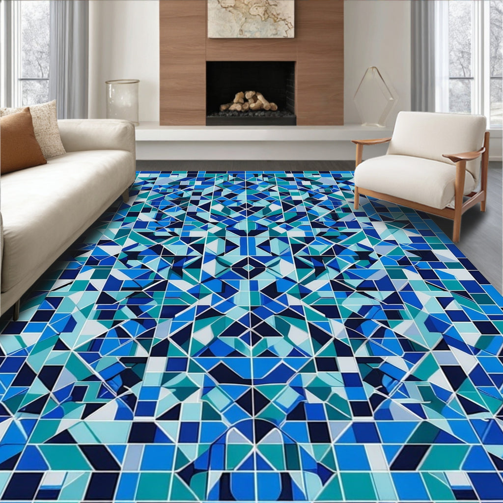Symmetrical Blue Geometric Mosaic Pattern Rug